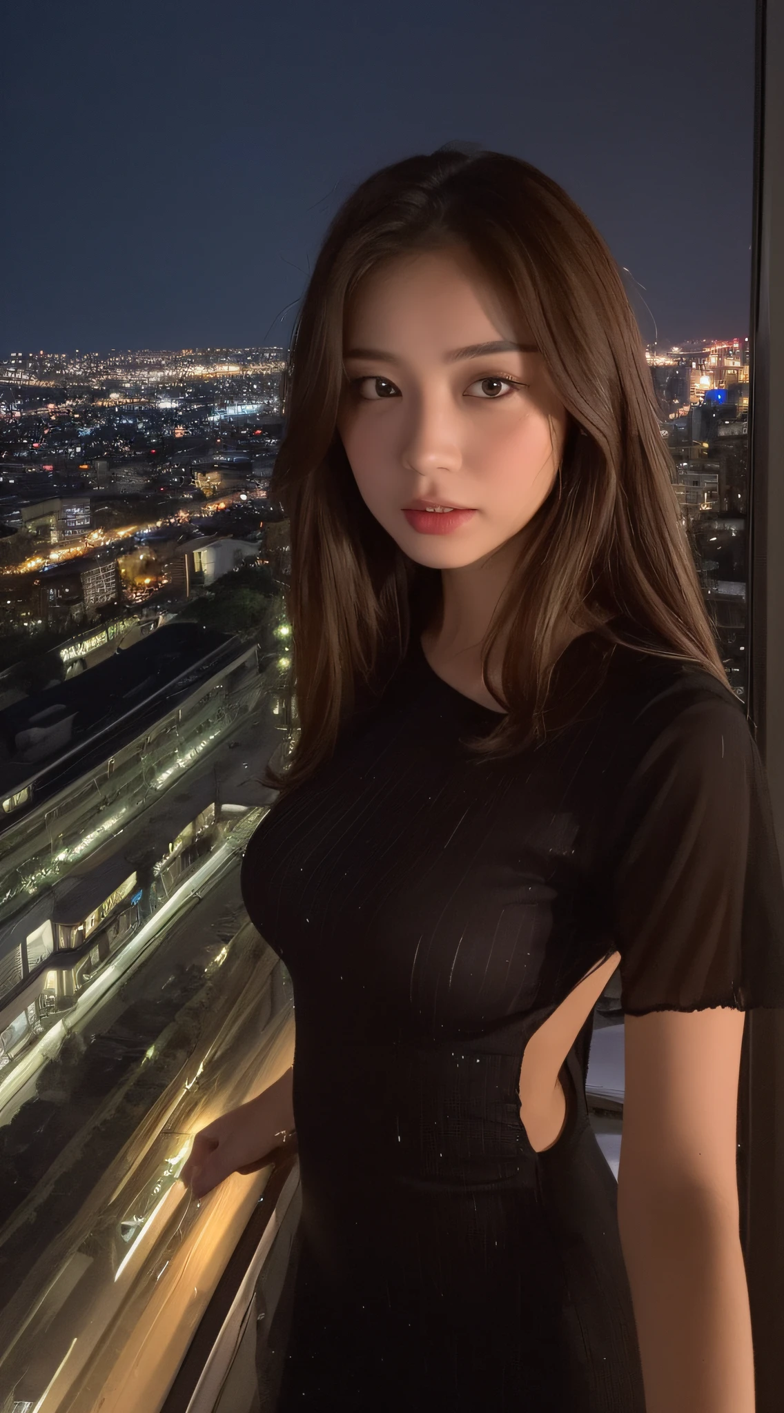 ((Best quality, 8k, Masterpiece: 1.3)), Selfie, Sharp focus: 1.2, Cute beautiful woman with perfect body: 1.4, Slim big breasts: 1.2, ((Brown hair dark, Big breasts: 1.2)) , (small transparent dress, half naked, highly detailed breasts, Happy expression, Standing: 1.2), ((Night view of the city with rain, Balcony simple: 1.3 making with the female being the main focus)), Highly detailed face and skin texture, Detailed eyes, Double eyelid