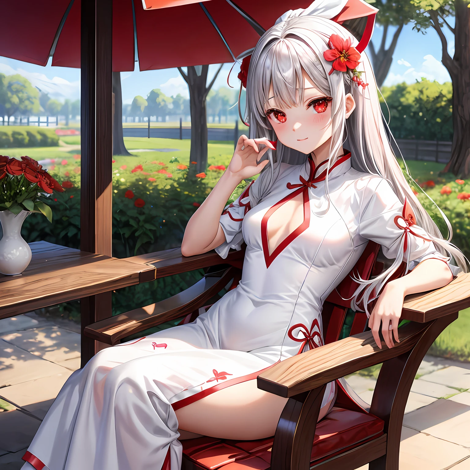 silber hair、red eyes、One pretty girl、独奏、animesque、flower field、red blush、White cheongsam、Sitting on a chair