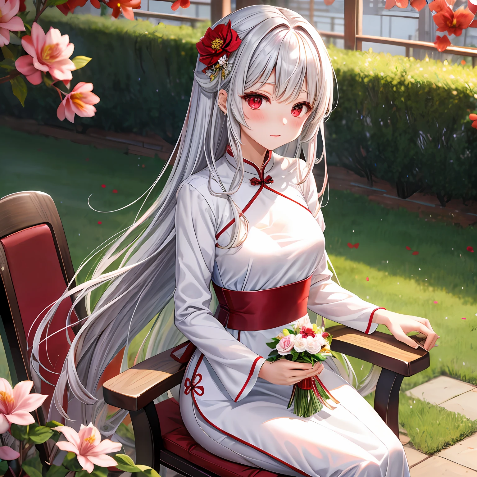 silber hair、red eyes、One pretty girl、独奏、animesque、flower field、red blush、White cheongsam、Sitting on a chair