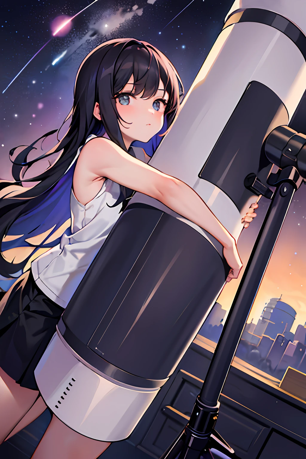 (best quality), (masterpiece), (bold line), (highres:1.2), 1girl, in observatory, looking at space through long Telescope, space, planets, falling stars, light lines among planets, looking above, cogwheels, telescope, innocent face, messed floor