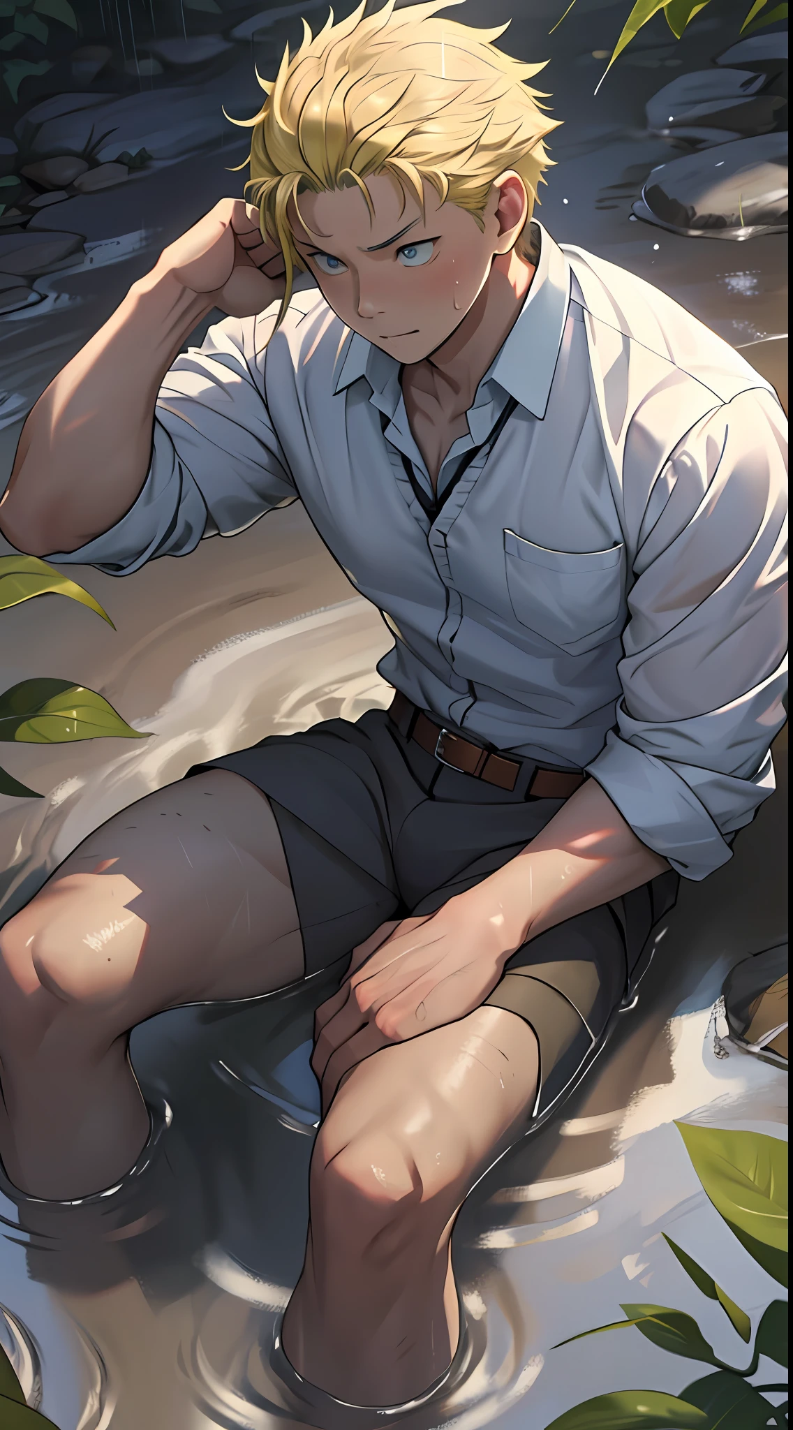(1 Adult male),A high resolution, Sharp focus, Pixiv masterpiece, ((Complicated details)), highly detailed, natsuki_subaru, 1 man,Lying in the mud, Lazy,full bodyesbian, blue color eyes(eyes glowing), Short yellow hair,white shirt,Wear a tie,Wear a belt,perspire,rain,Drenched,Sweaty crotch,look from down