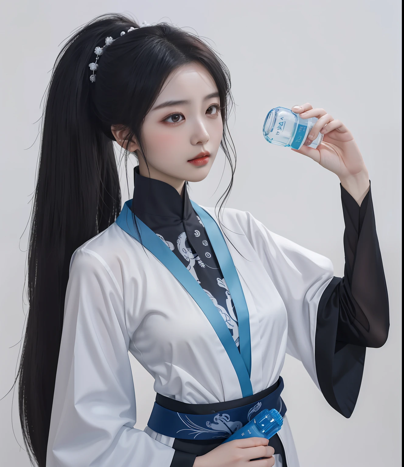 Arapei Asian woman in a white shirt and black belt holds a bottle of water, White Hanfu, Palace , A girl in Hanfu, Hanfu, Anime girl cosplay, full-body xianxia, with acient chinese clothes, Xianxia, white hime cut hairstyle, inspired by Zhang Yan, Anime cosplay, flowing hair and long robes