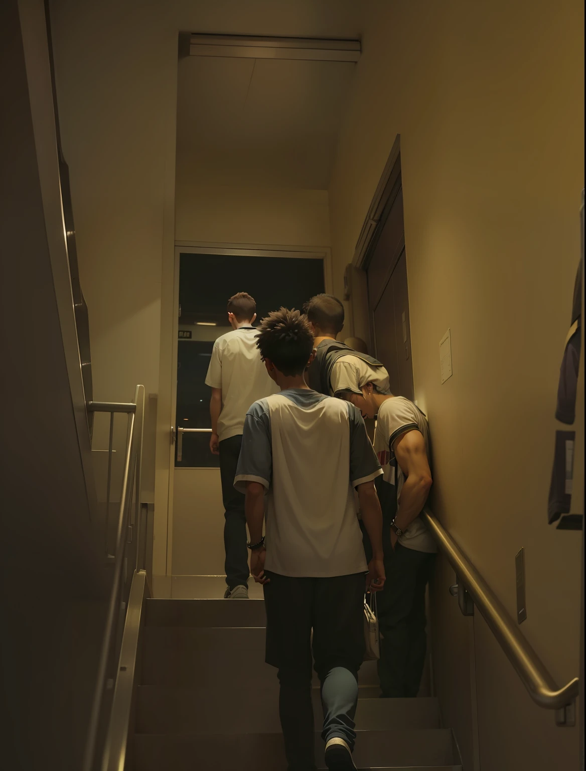 High- sharpness，Three male high school students，In the stairwell at night