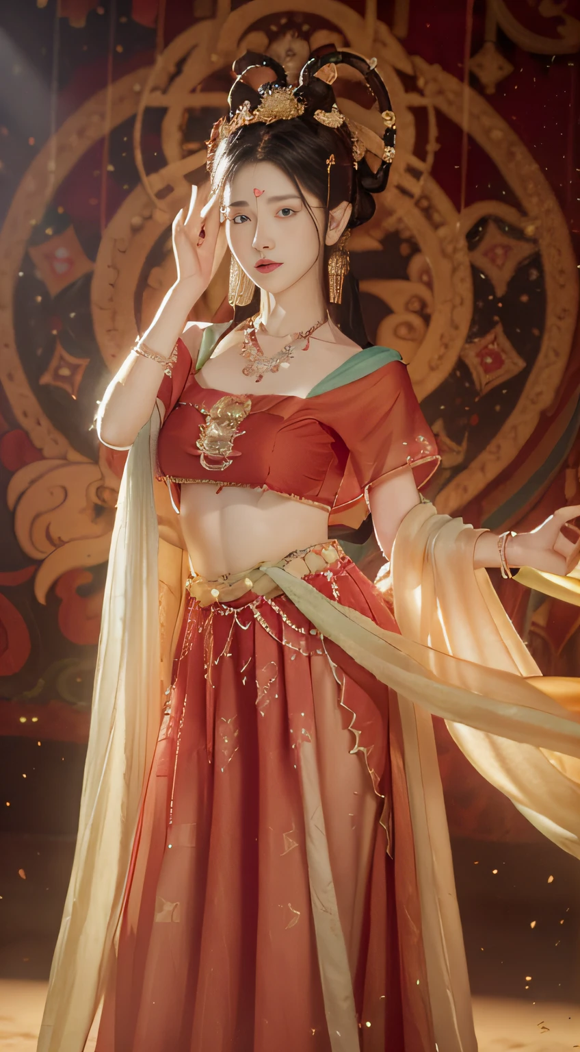 (8k, RAW photo, best quality, masterpiece:1.2), (realistic, photo-realistic:1.4), (extremely detailed CG unity 8k wallpaper), (1 girl:1.5), Western beauty, (Red clothes: 1.4), red spots on forehead, pale skin, blush, big eyes, full body, thighs, open navel, gold waist chain, gold jewelry, flying ribbons, particles, background is Loulan ancient city, ancient city wall, desert, dance, dunhuang_dress, dunhuang_style,