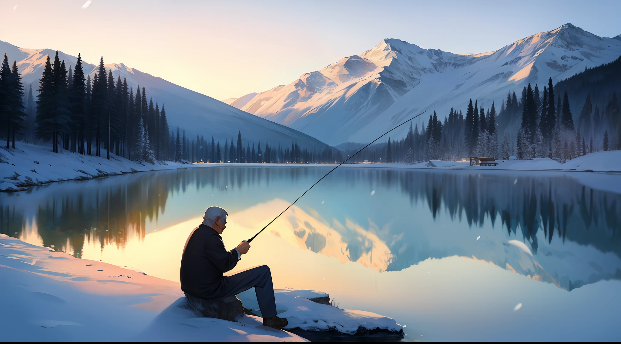An old man,Sit by the water and fish,holding fishing rod,Snow all around,The wide lake is calm,In the distance, only hazy outlines were visible to the mountains,Best quality at best,Works of masters,Top art paintings,Full of artistic conception