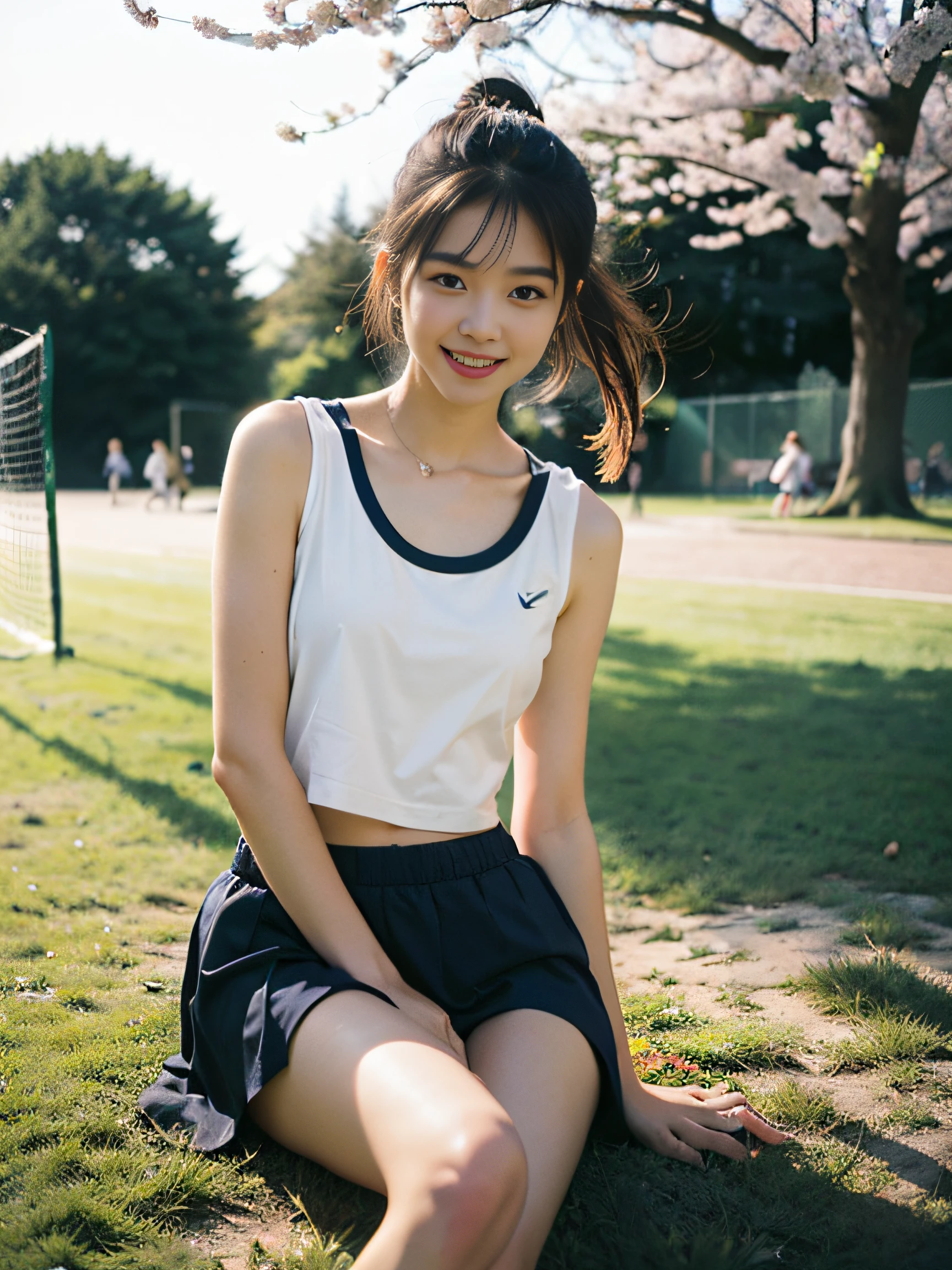 (8K、top-quality、masterpiece:1.2)、(realisitic、Photorealsitic:1.37)、ultra-detailliert、top-quality、超A high resolution、From head to thigh、professionally lit、Cinematic lighting,a park、A path lined with flourishing cherry blossom trees、depth of fields,Focusing,Sun'rays,Good composition,(Bokeh:1.2),1人,(full body Esbian),(A smile),Beautiful eyes,the pose,Triangular sitting、Constriction,Tennis Uniform,Cropped tank top,poneyTail,(ulzzang-6500:1.2) mix4, hiqcgbody