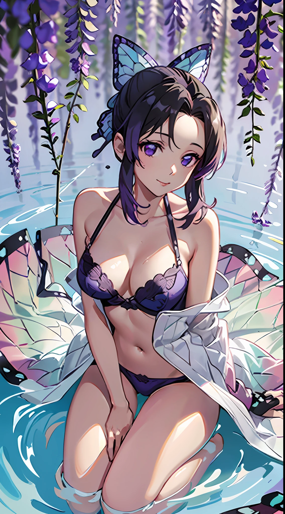 Ultra-realistic 8K CG,tmasterpiece,((Ultra detailed backgrounds,delicate patterns,Complicated details)),Best quality at best,Full body photo,very vey very detailed face,very detailed eyes and faces,Very detailed eyes,Kochou Shinobu,O cabelo multicolorido,No bangs,hair intakes,Purple eye,haori,butterflys,obi strip,(trpical garden:1.2),purple flower,mostly cloudy sky,rays of sunshine,Tyndall effect,Gradient_sky,the face,beautiful sky,Saber on the waist,captivating posture,(Large breasts:1.3),(cleavage:1.3),(Off-the-shoulder attire:1.6)