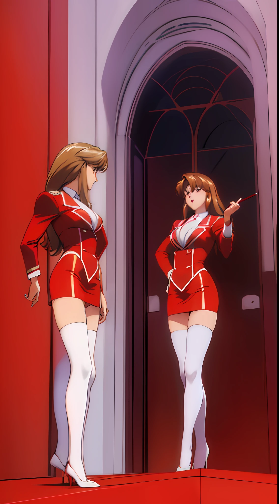 RETRO ARTSTYLE, 1990S (STYLE), ((Masterpiece, highres)), ((hundreds of, thousands of, crowd of)), 100+girls, crowd, group, teenagers, ((brown haired girls, blonde girls)), long hair, curly hair, matching hairstyles, different hair color, confident, elegant, rich girls, hazel eyes, happy, (((matching outfits, identical outfits, matching uniforms, red blazer, red pencil skirt, white thighhighs, thighhigh socks, brown high heels, same color outfits))), same pose, one color background