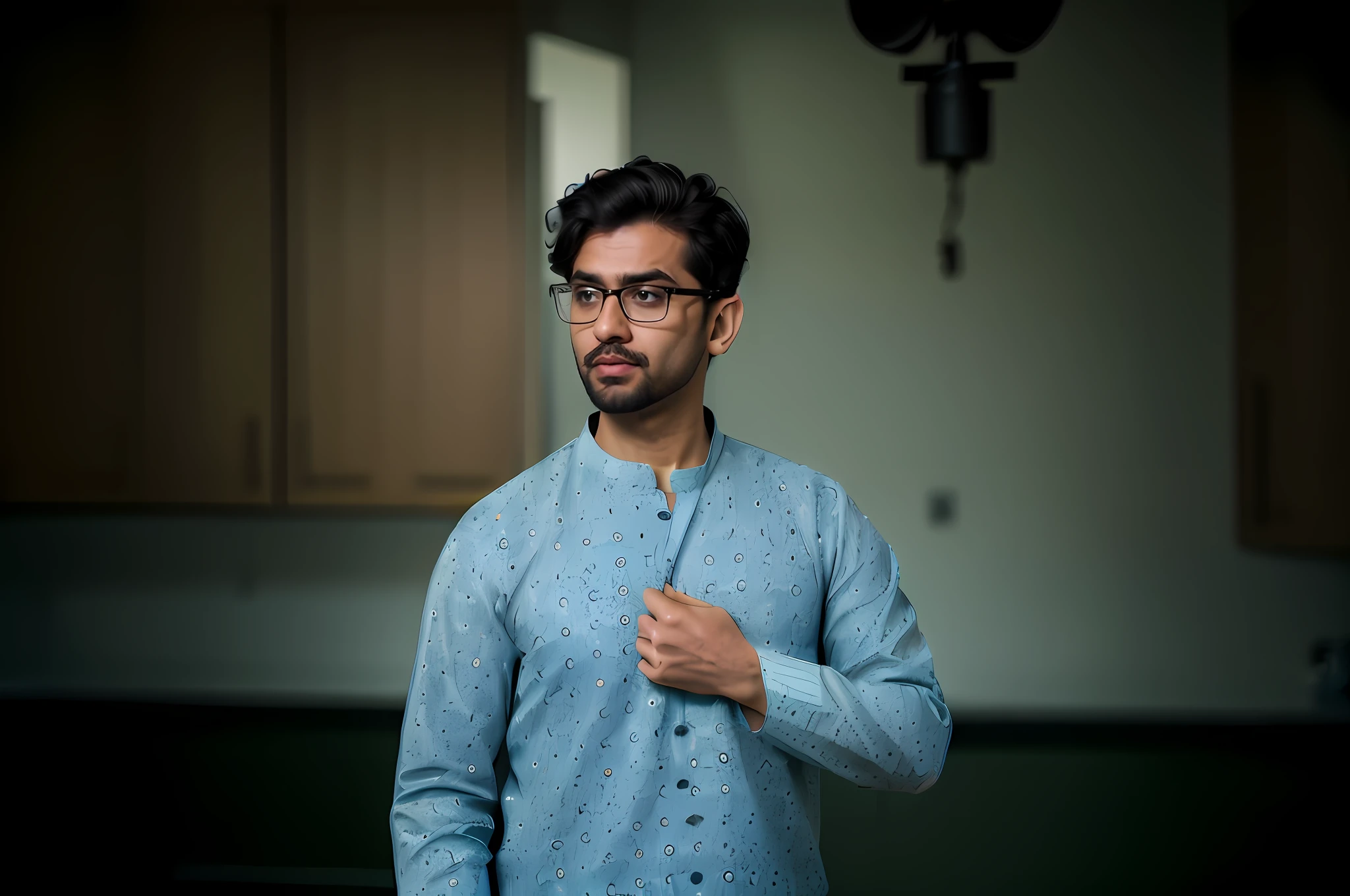 there is a man in a blue shirt and glasses standing in a kitchen, wearing a kurta, mid shot portrait, wearing a silk kurta, a portrait of rahul kohli, portrait shot 8 k, shot on sony a 7 iii, portrait shot, shot with sigma f/ 4.2, shot with sigma f / 4. 2, with glasses and goatee