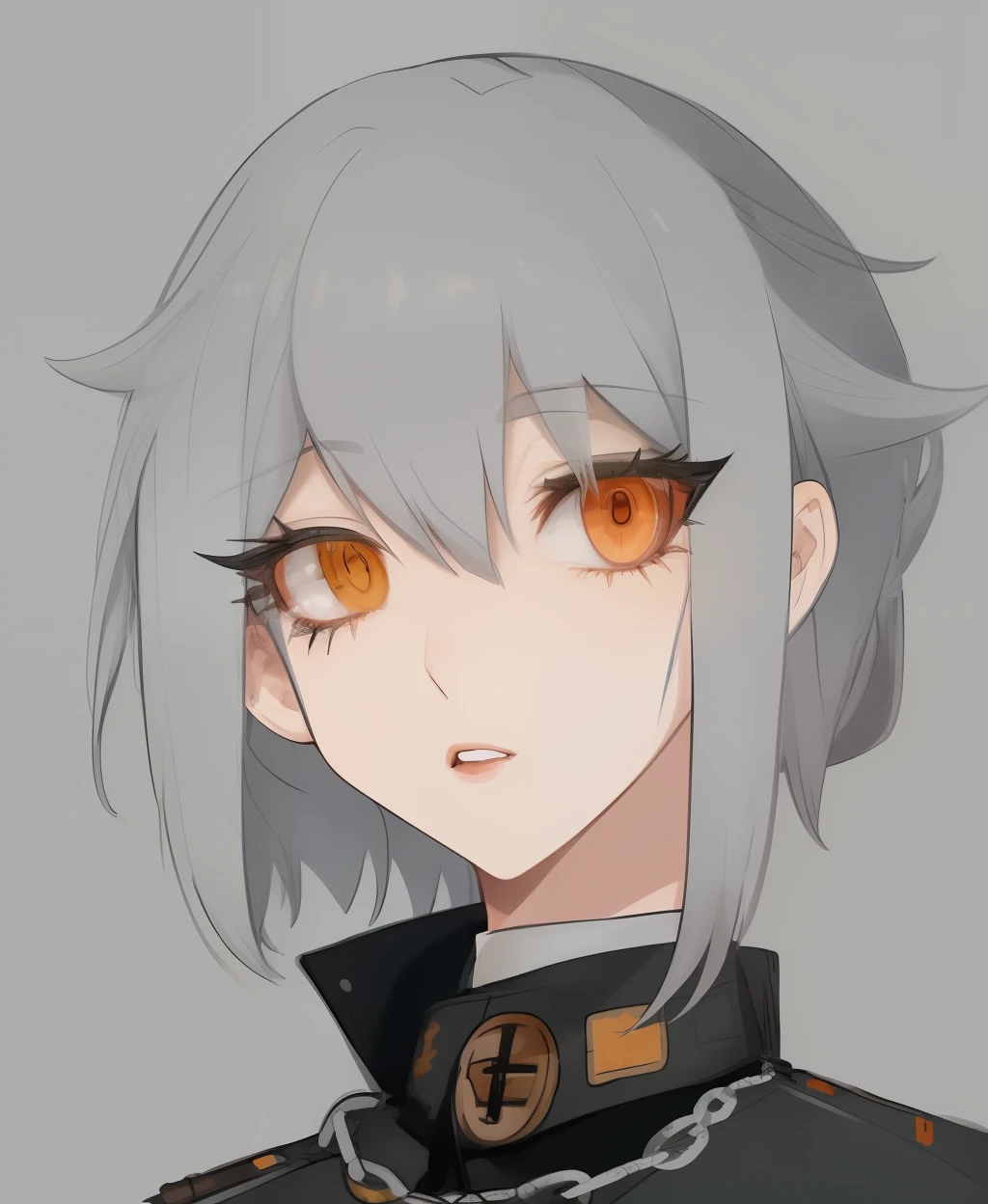 1girl, grey hair, orange eyes, spiral eyes, ringed eyes, chains, nazi military uniform clothes