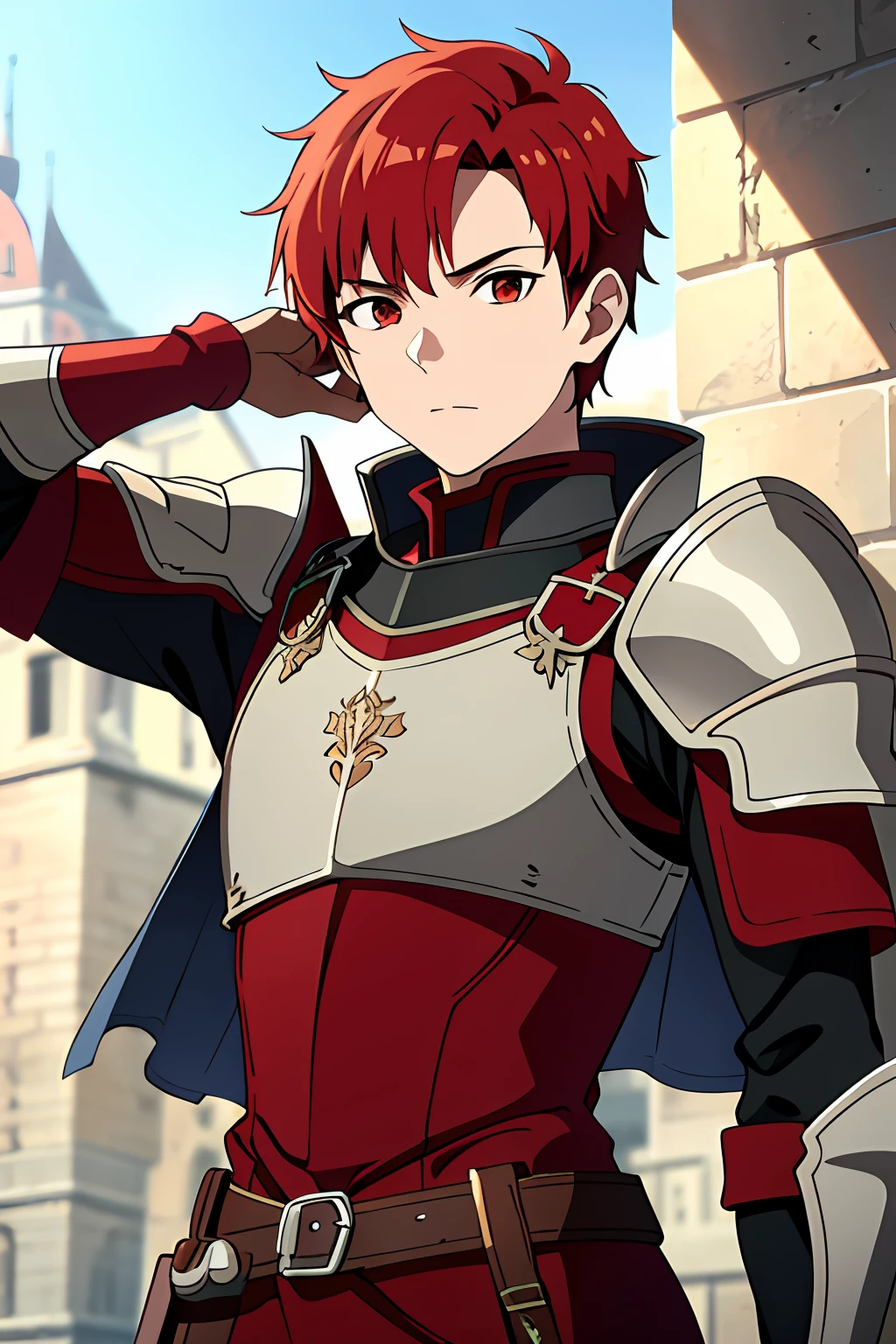 Male, , short red hair, detailed face, in armor, longsword on back, front camera