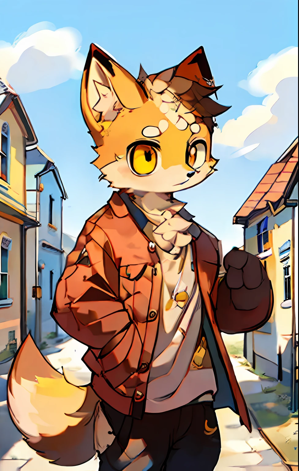 red fox,Suspicious look,adolable,Yellow face,Realistic painting style,background town