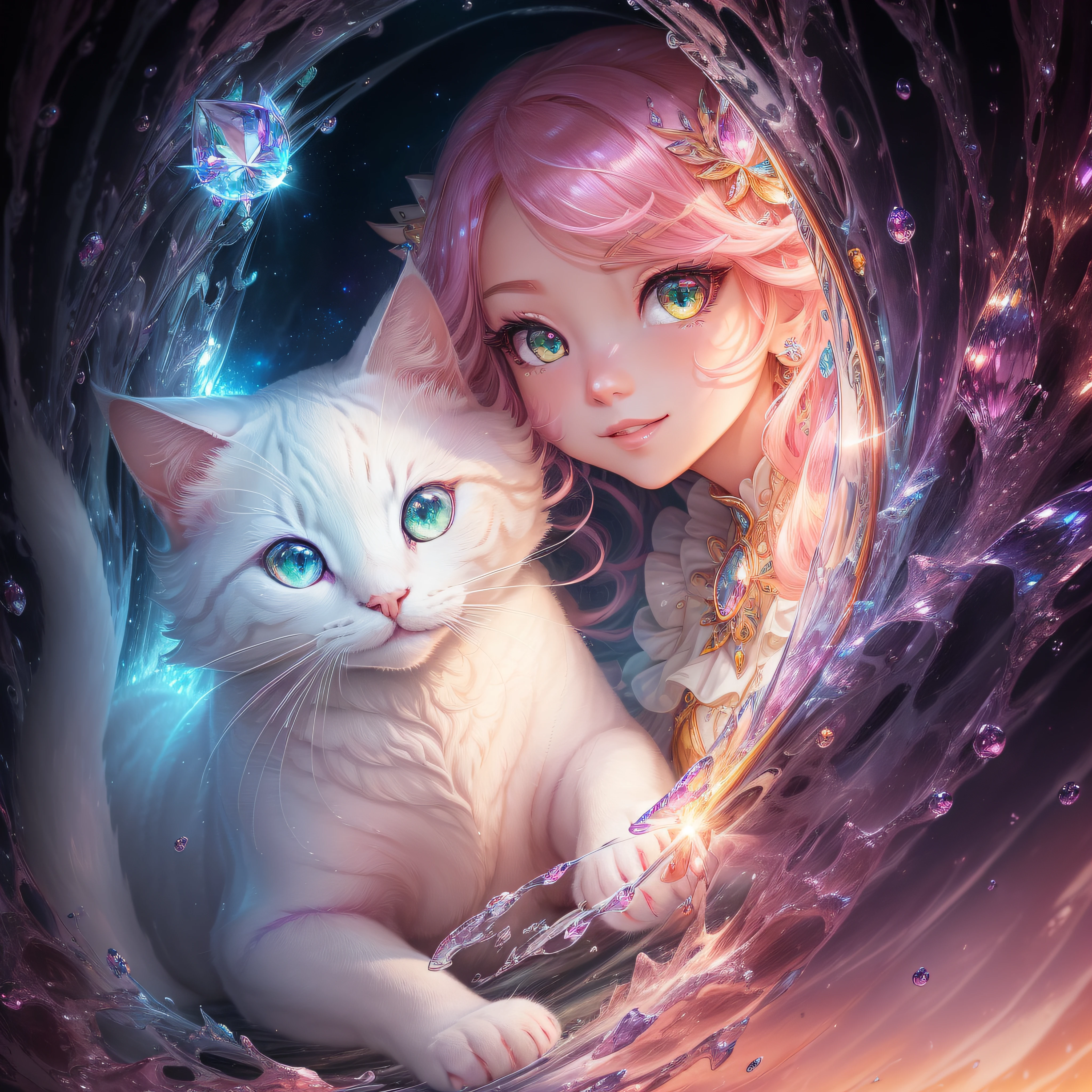 White cat、White cat、White cat、White cat、close-up of the smile face、smil、(roundly eyes、Sapphire green eyes,、Glowing eyes、Eye Gloss)、(Open lips、teeth are slightly visible、lipgloss)、dreamlikeart、Highly detailed airbrush art、intricate detailes、Volumetric lighting、top-quality、The ultra-detailliert、The composition of the movement、Highly detailed colorful details、Irridescent color、Bright lighting、dream-like、Magical、dynamic compositions、The mirror reflects light、Shallow depth of field、ultra-detailliert、mixing exposure、Super masterpiece、vivd colour、colourfull、One woman's face、Cute cat in clothes、Anthropomorphic representation、Rich colors、exquisitedetails、(Ultra CG), (High resolution:1.5)、、Colorful, Transparent gems on the beach、Orange in the sky、pink there、Absolutely enchanting sunset on the beach mixed with yellow、The water is crystal clear and splashing、White sand beach stretches out as far as the eye can see、Dynamic and breathtaking scenes、