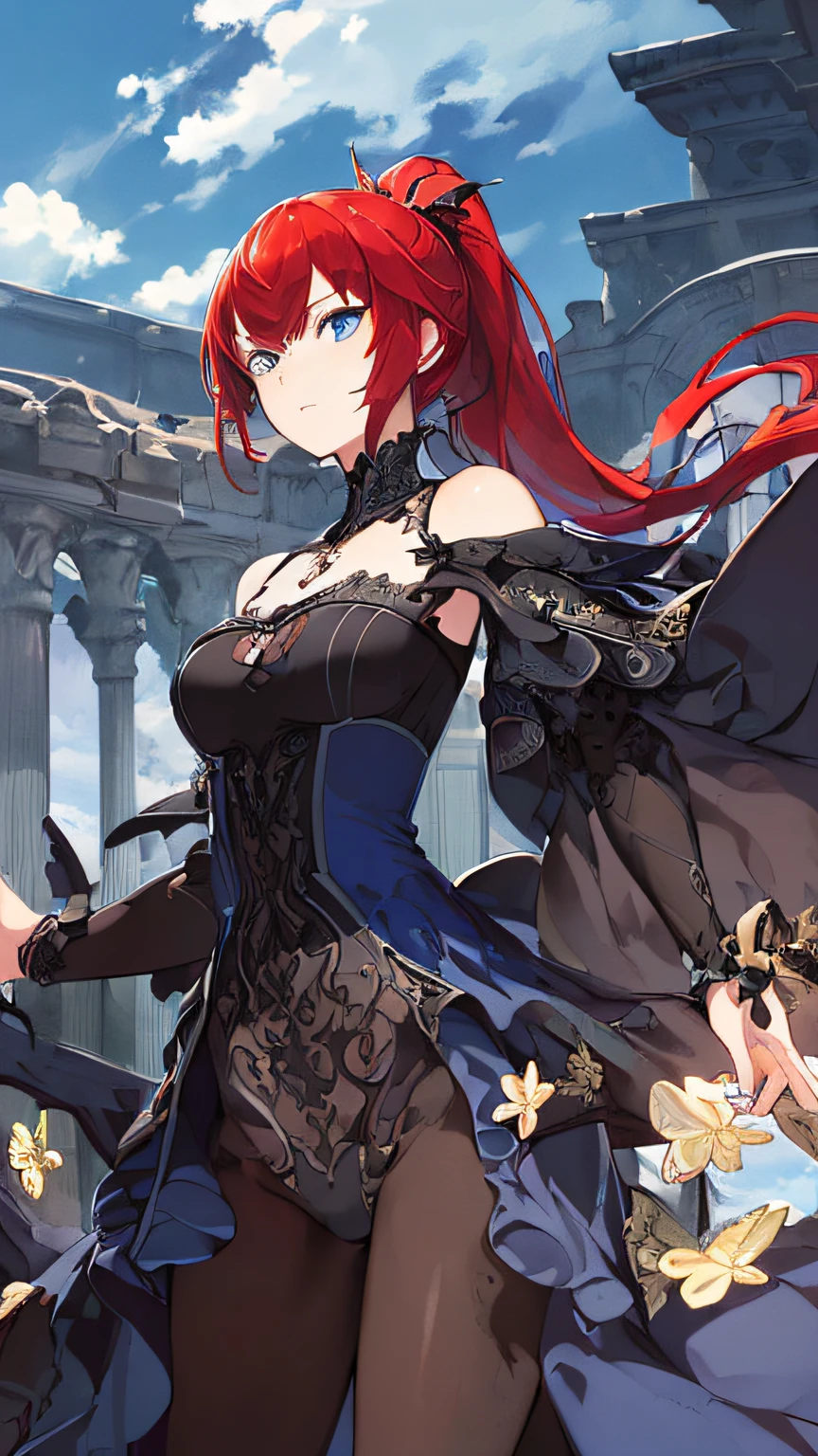 (((masterpiece))),(((bestquality))),((ultra-detailed)),(illustration),((anextremelydelicateandbeautiful)),dynamicangle,floating,(beautifuldetailedeyes),(detailedlight) (1girl), solo, red hair, blue eyes, ponytail, black dress, blue sky,