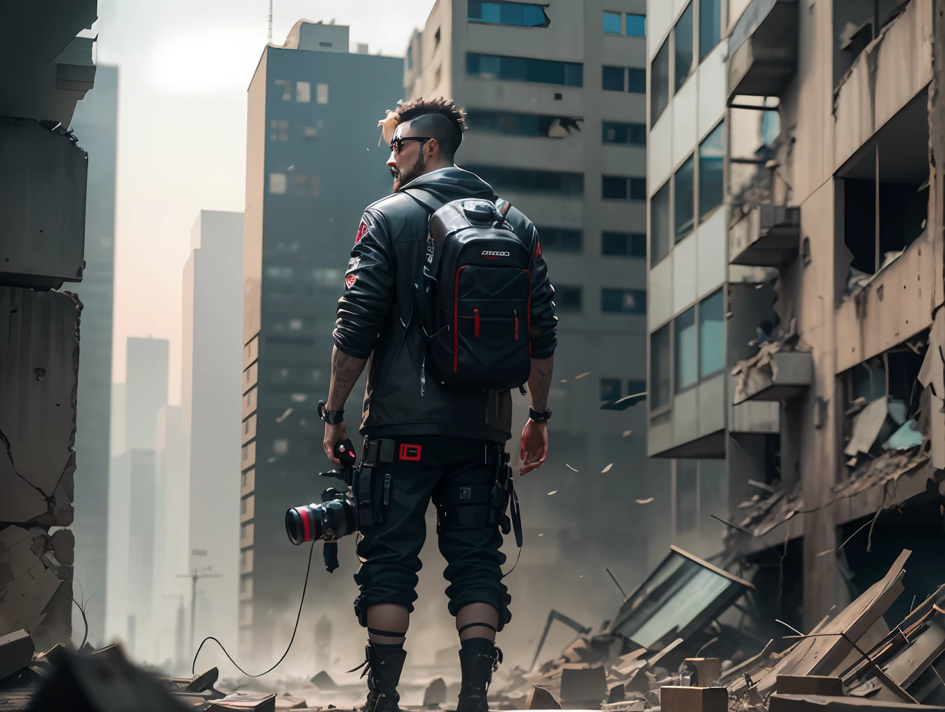 photo of man in the foreground, full body, cyberpunk style, futuristic clothing, holding a modern camera in a post apocalyptic scene of a city in ruins --auto --s2