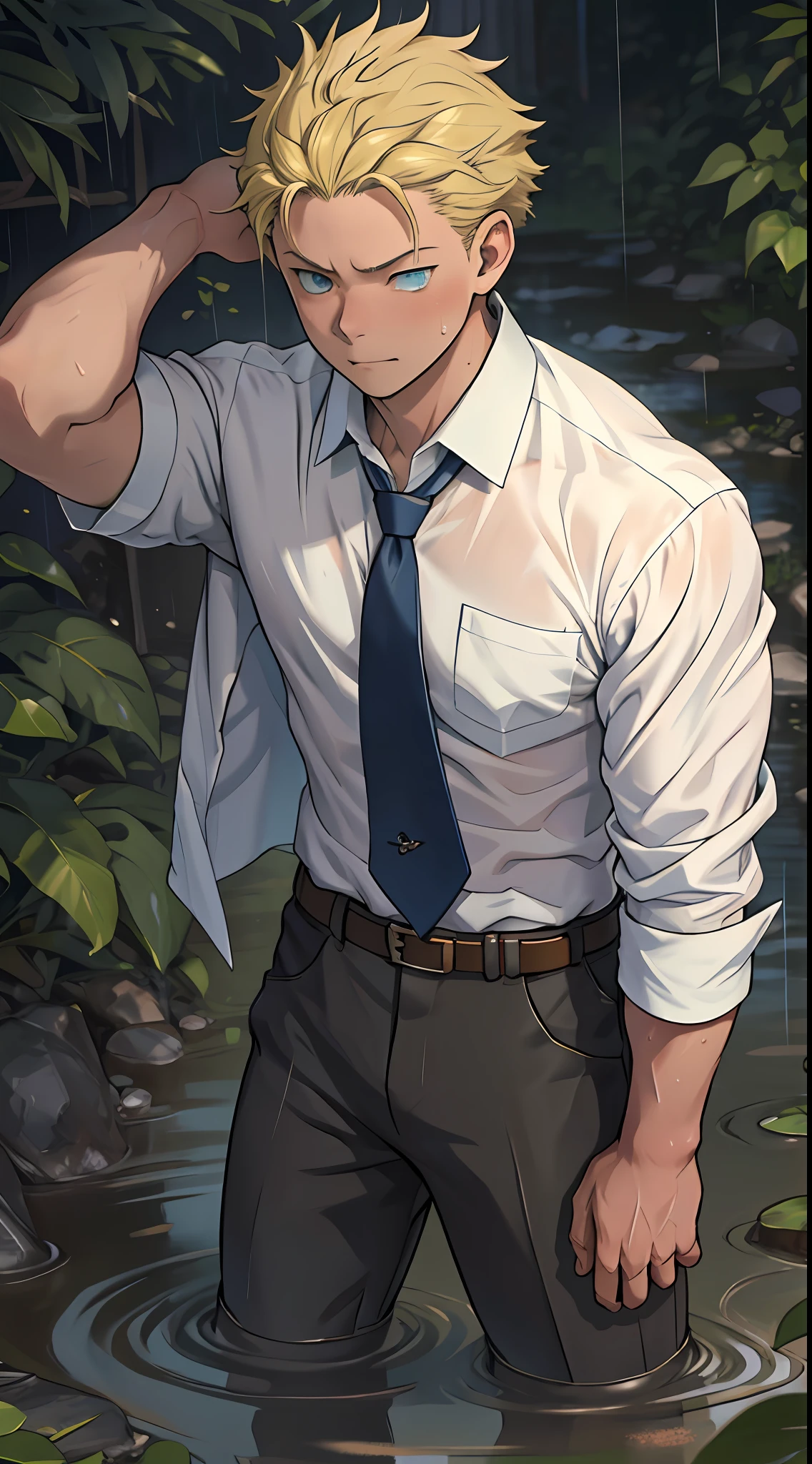 (1 Adult male),A high resolution, Sharp focus, Pixiv masterpiece, ((Complicated details)), highly detailed, natsuki_subaru, 1 man,Lying in the mud, Lazy,full bodyesbian, blue color eyes(eyes glowing), Short yellow hair,white shirt,Wear a tie,Wear a belt,perspire,rain,Drenched,Sweaty crotch,look from down