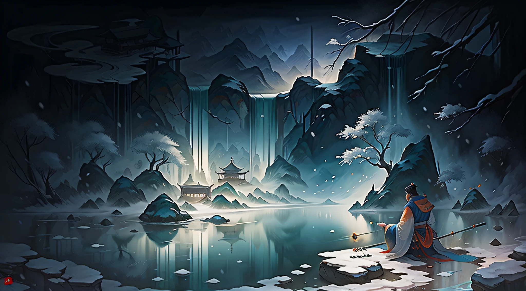 1 Chinese elder,Wearing a cloak,Sit by the water and fish,holding fishing rod,Snow all around,The wide lake is calm,In the distance, only hazy outlines were visible to the mountains,Best quality at best,Works of masters,Top art paintings,Full of artistic conception