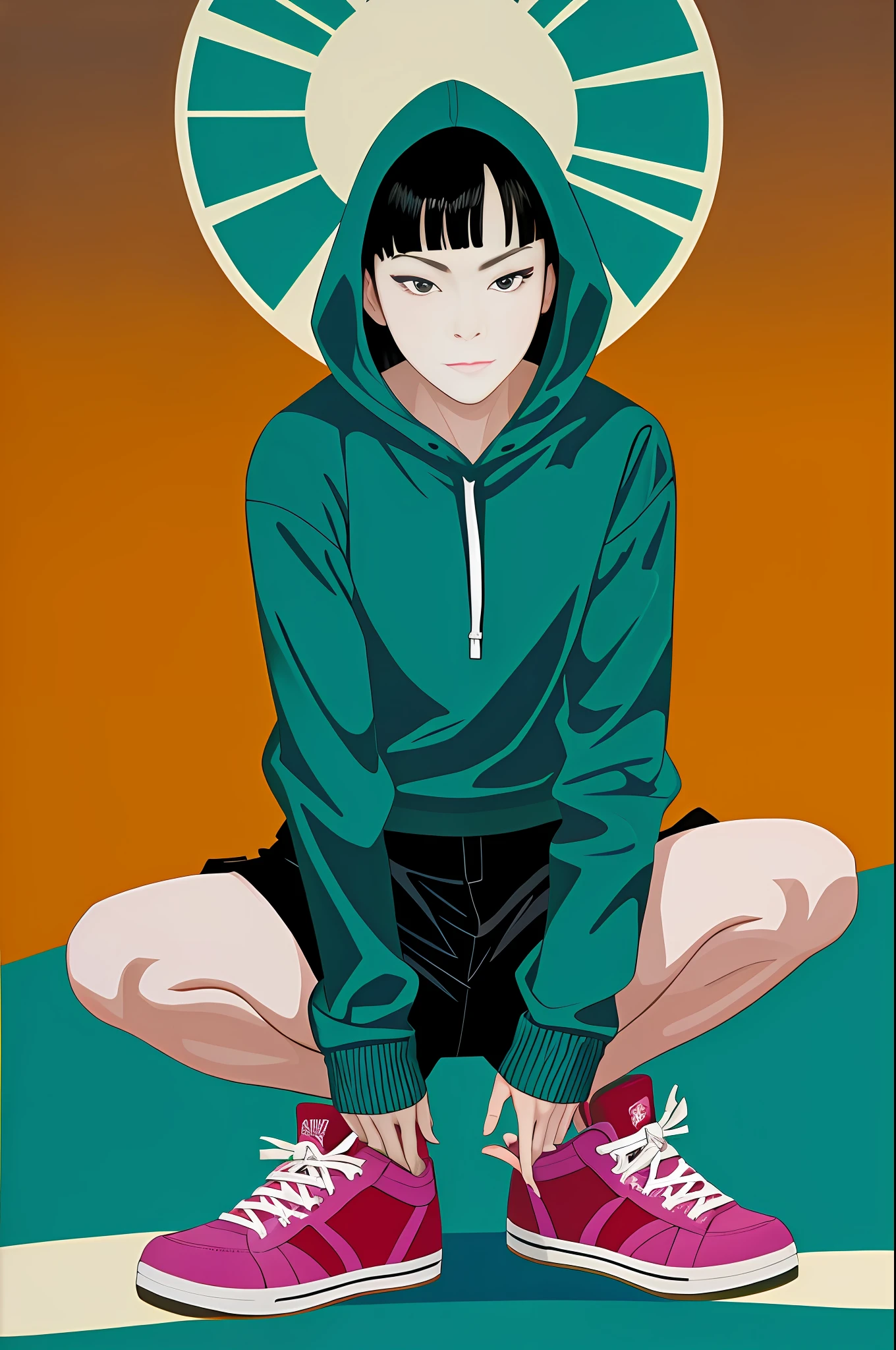 1girl in, Vector art, flat-colors, pop-art, Pattern, city scenery, Hoodie, Shorts, sneakers, bob cuts, Full body, Pose, Squatting, lofi color, (Hiperov), (masutepiece,Best Quality:1.5)