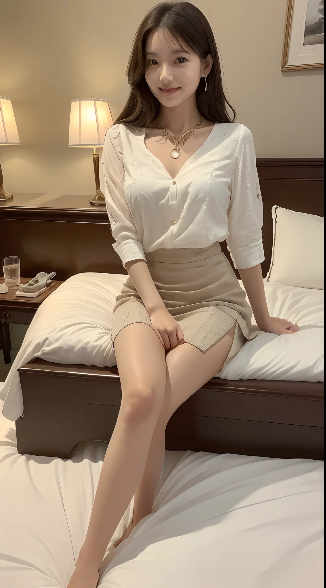 ((top-quality、8K、masterpiece:1.3))、((1womanl))、((独奏))、((japanese mature))、((slim figure))、((Luxurious and detailed hotel rooms))、((Luxurious and detailed beds))、((Lying in bed))、((beautifully detailed hair))、((Beautiful and ultra-detailed face))、((kindly smile))、((Detailed blouse))、((Detailed necklace))、((Detailed long skirt))、((Flip up the hem of your long skirt to show your thighs))、((sexypose))、((Beautiful and detailed thighs))、((Beautiful and detailed legs))