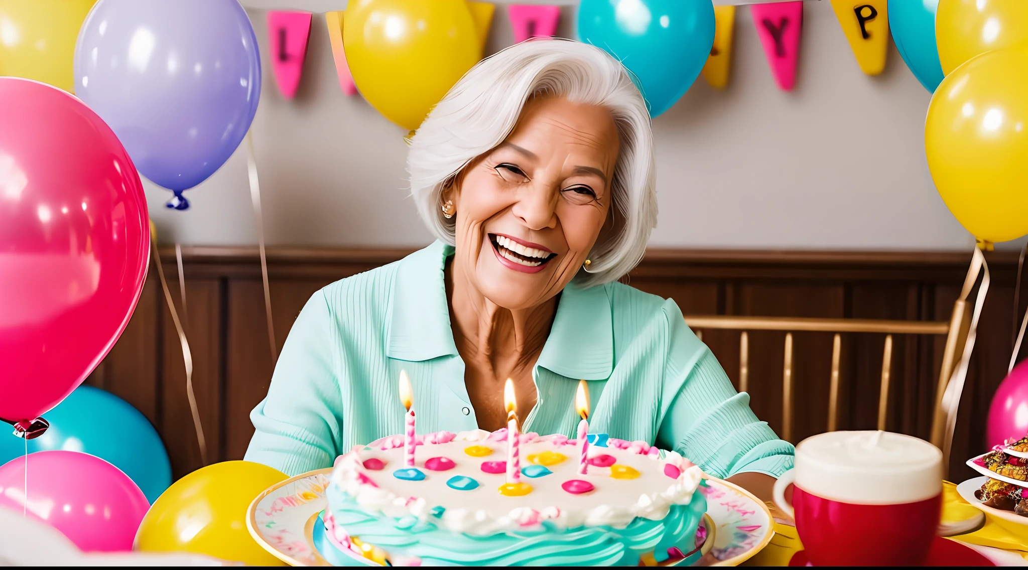 «»A heartwarming photorealistic image portrays an elderly woman celebrating her birthday with genuine happiness. The room is tastefully decorated with colorful balloons, creating an ambiance of joy and festivity. The woman's face lights up with a bright smile as she cherishes the special moment of her birthday. She is surrounded by love and warmth, even in solitude, embracing the joy of her celebration. The photograph captures the essence of her happiness and the cheerful atmosphere of the party. The lighting is warm and inviting, enhancing the joyful ambiance. The resolution is high, providing a lifelike portrayal of this heartwarming and meaningful birthday celebration. This image celebrates the beauty of aging and the happiness that comes with treasured moments, regardless of the number of guests present.»»