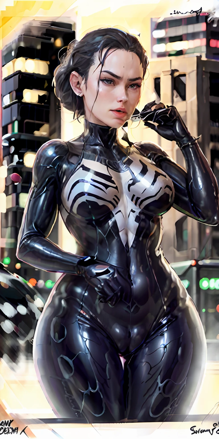 Daisy Ridley, Black Venom suit, Tongue stock, Spidey, cinmatic lighting, 城市, NewYork, during night, Sateen, dampness, Slimy, Black slime, full bodyesbian, photograph realistic, ultra-realistic realism, 8K, ultra - detailed, Dim light,