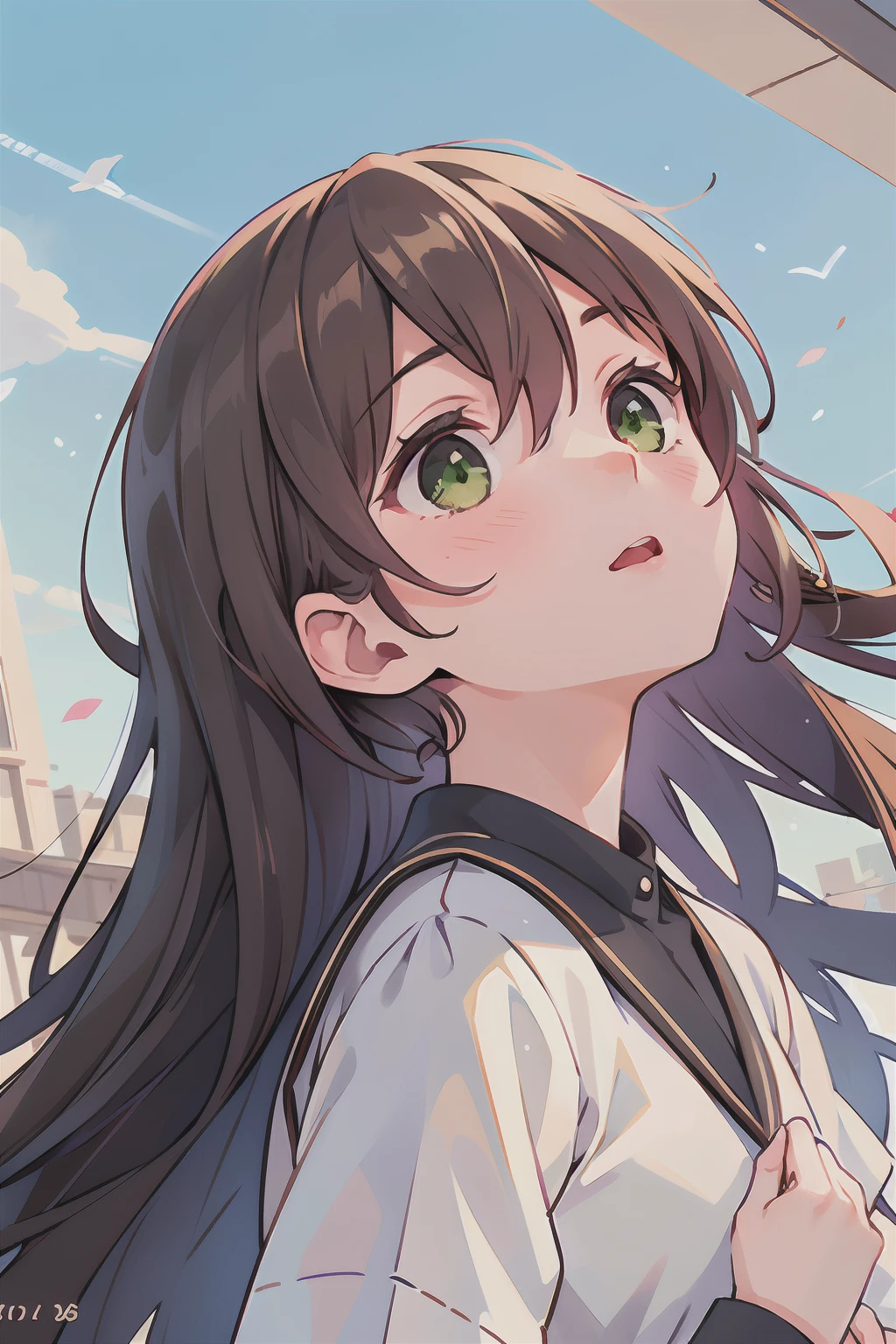 (masterpiece), best quality, beautiful detailed hair detailed face, ultra high res, sharp focus, ((1 woman, solo)), perfect feminine face, very stunning woman, upper body, medium long shot, MLS, chesnut brown hair, flowing messy long hair, ((green eyes)), surprises face, (looking up), floating in the sky
