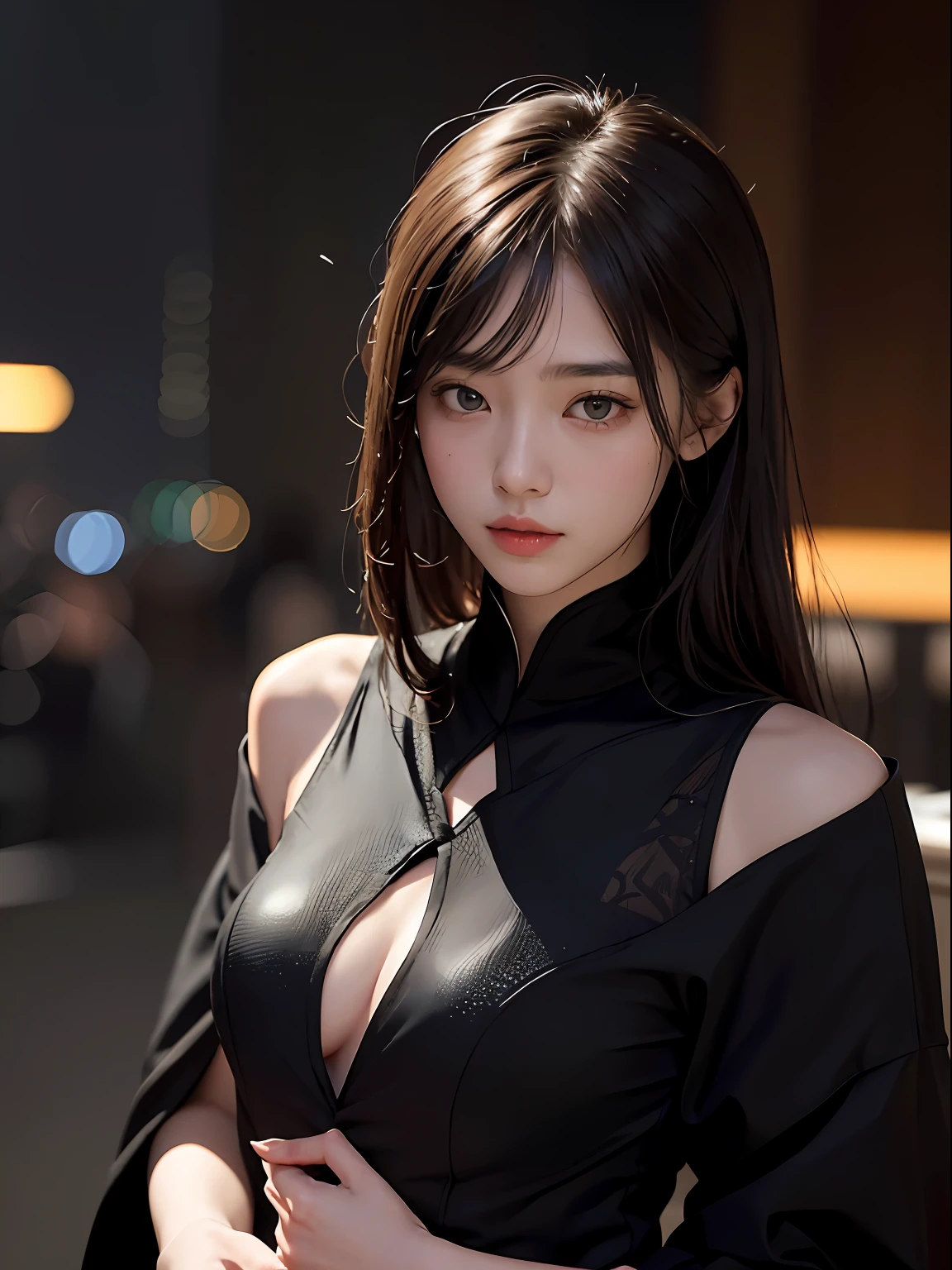 best qualtiy,tmasterpiece,超高分辨率,(真实感:1.4),RAW photogr,1girl,cropped shoulders,in the darkness nigth,deep shading,low tune,cold light,head portrait,He has a sashimi on his body, and the words half-prayer are written on his body
