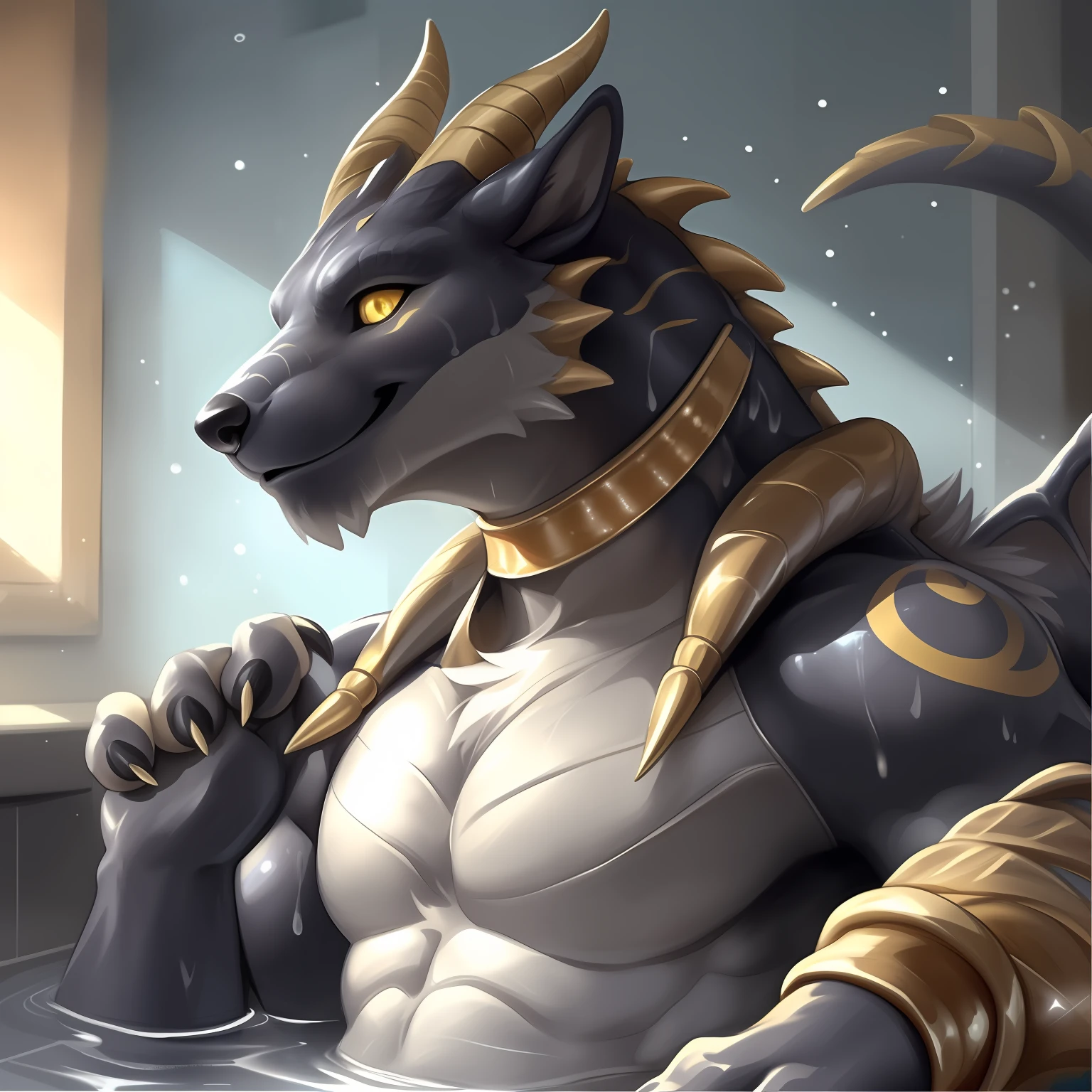 Solo, Male, (Muscular), sacrifices, (male anthro wolf):1.3, Pure black body, (Kamimei):1.3, (komono:1.4) (DOA):1.23, (，Wear a white bathrobe）, Detailed eyes, lizard tail,A pair of dragon horns, A pair of dragon wings，((half-body portrait)), (Detailed eyes, Yellow eyes are always red, Black skin，Yellow stripes，Sharp claws，Cute beast claws，drools，Fluid spills from the lower body，Milk spilled all over the floor，Egyptian costumes，Egyptian totem，Abinus，glowing light eyes):1.1, (inside in room:1.35), In the bath，taking a shower，Bright white illumination， Be red in the face，Collar，submit to，drunk，enjoying，looking to the camera，having fun（Particle，glowworm，blue glowing）：1.3，detailedbackground，realisticlying，realistic hand，8k hdr，（Wide dynamic range，hdr，high light：1.2），author（pino daeni，（author：by ruaidri），author：virtyalfobo）