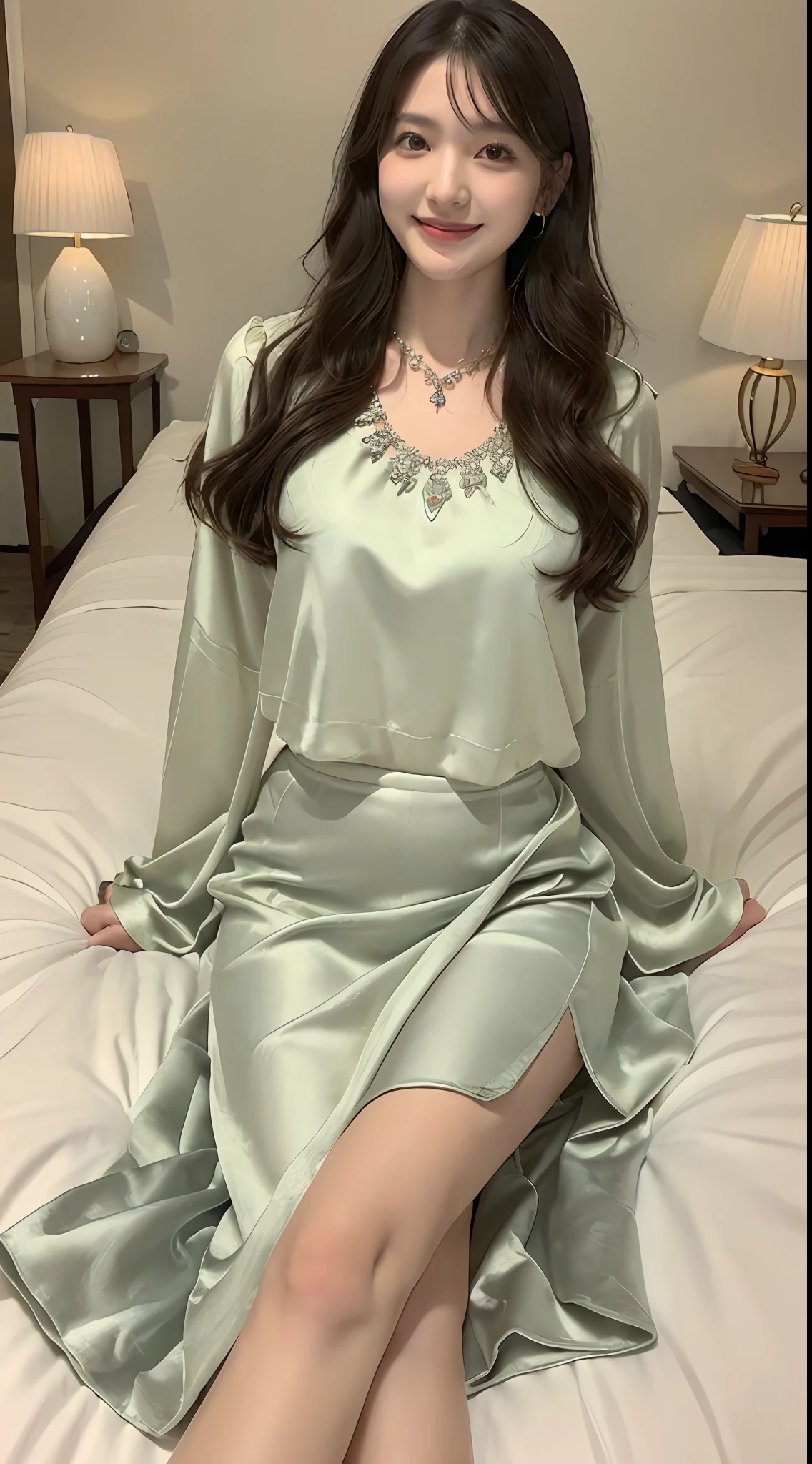 ((top-quality、8K、​masterpiece:1.3))、((1womanl))、((独奏))、((japanese mature))、((slim figure))、((Luxurious and detailed hotel rooms))、((Luxurious and detailed beds))、((Lying in bed))、((beautifully detailed hair))、((Beautiful and ultra-detailed face))、((kindly smile))、((Detailed blouse))、((Detailed necklace))、((Detailed long skirt))、((Flip up the hem of your long skirt to show your thighs))、((Beautiful and detailed thighs))、((Beautiful and detailed legs))
