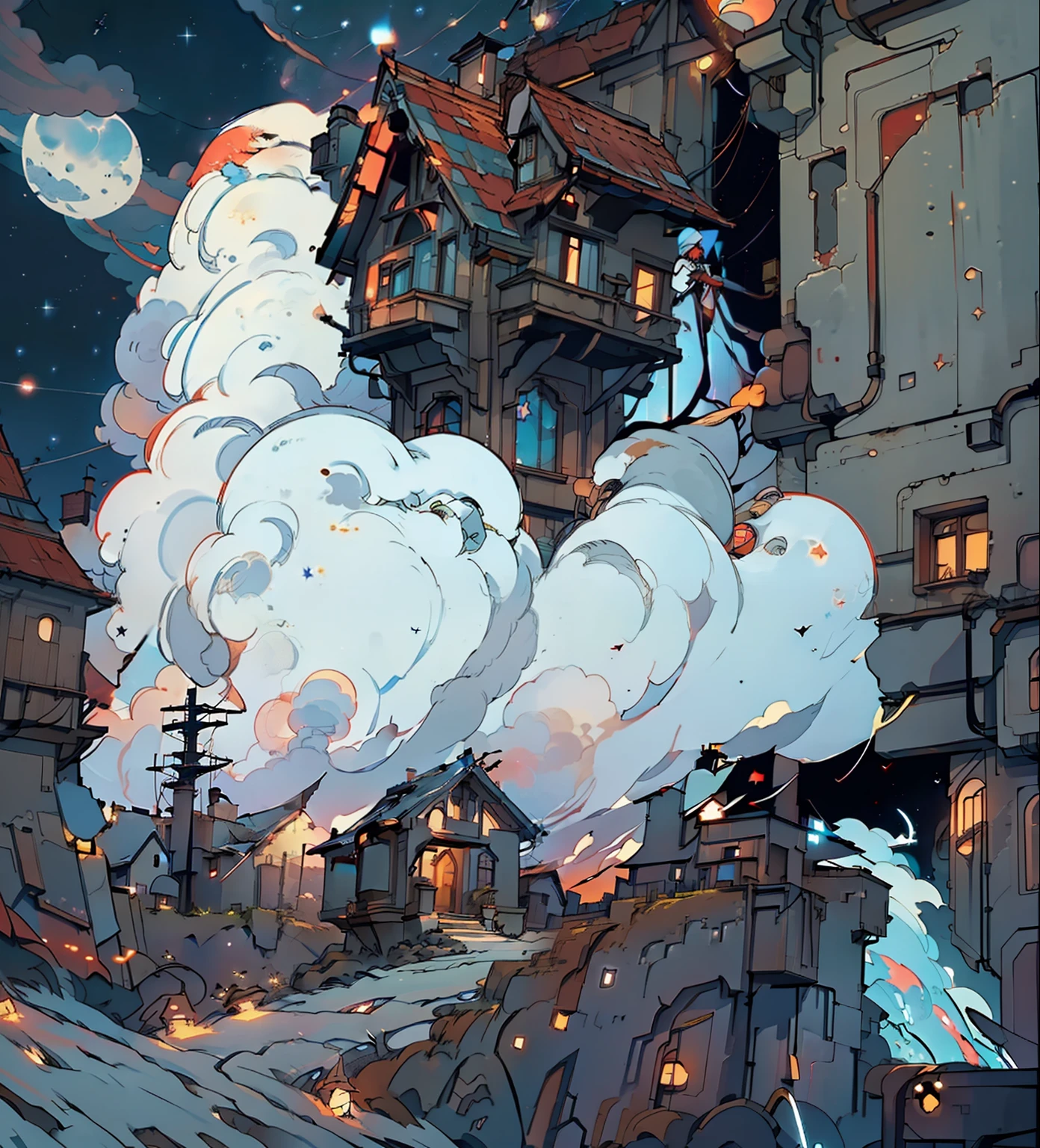 masterpiece, best quality, extremely details, gear, house, night sky, red lights, stars, universe, masterpiece, masterpiece, house, lightings, sci-fi, houses, town on the back, cloud, factory, ((no human))