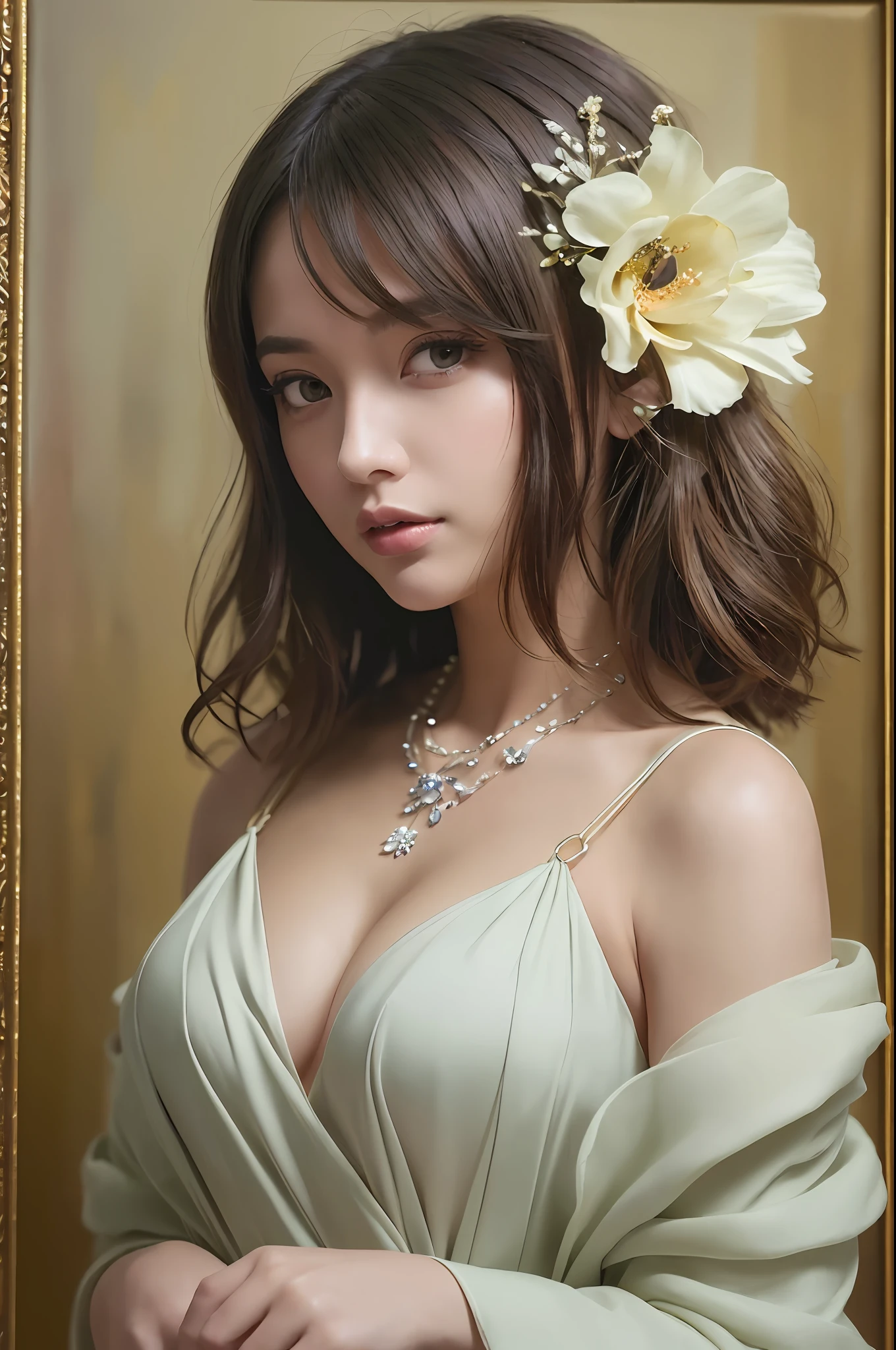 top-quality、​masterpiece、超A high resolution、(Photorealsitic:1.5)、Raw foto、1girl in、murky、deep-shadows、Unobtrusive、cold light、sexy appearance、shorth hair、((very_short_hair))、((Luxury evening dresses))、((Luxurious painting))、((Luxurious necklace))、((Floral hair ornament))、((hair_ornament))