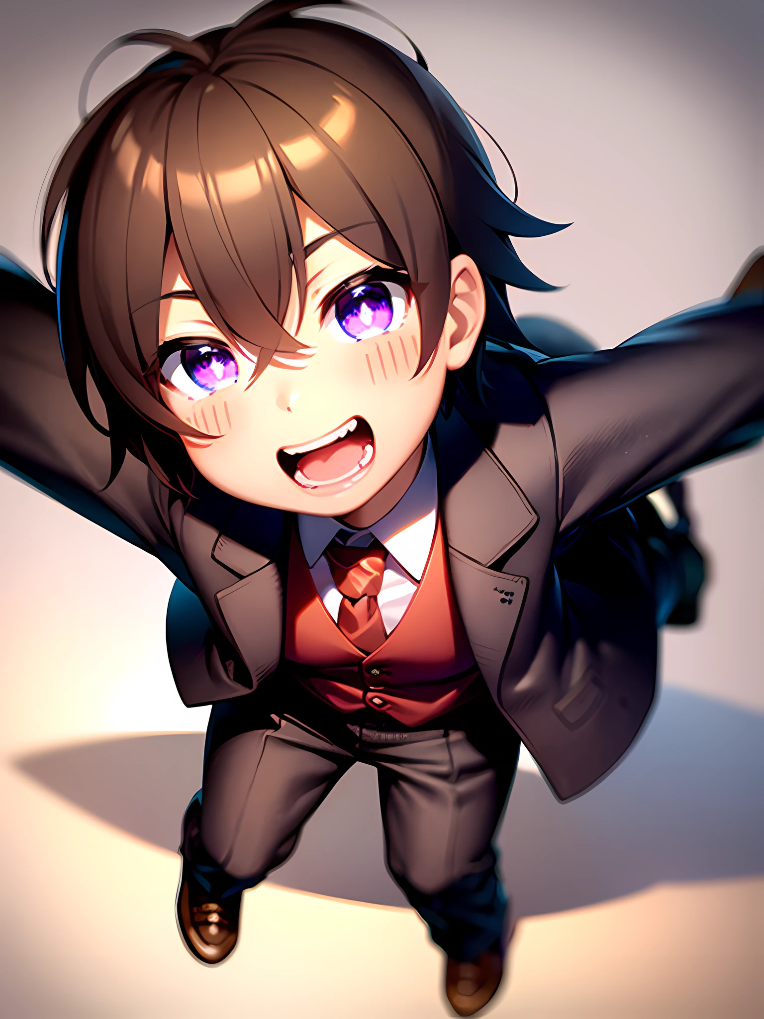 virtual_youtuber, 1boy, male_focus, solo, brown_hair, necktie, purple_eyes, brown_footwear, pants, smile, white collared shirt, hair_between_eyes, (VERY DETAILED EYES:1.5), (chibi:1.4), (emote:1), (joyful expression:1.8), cartoon, simple background, sticker