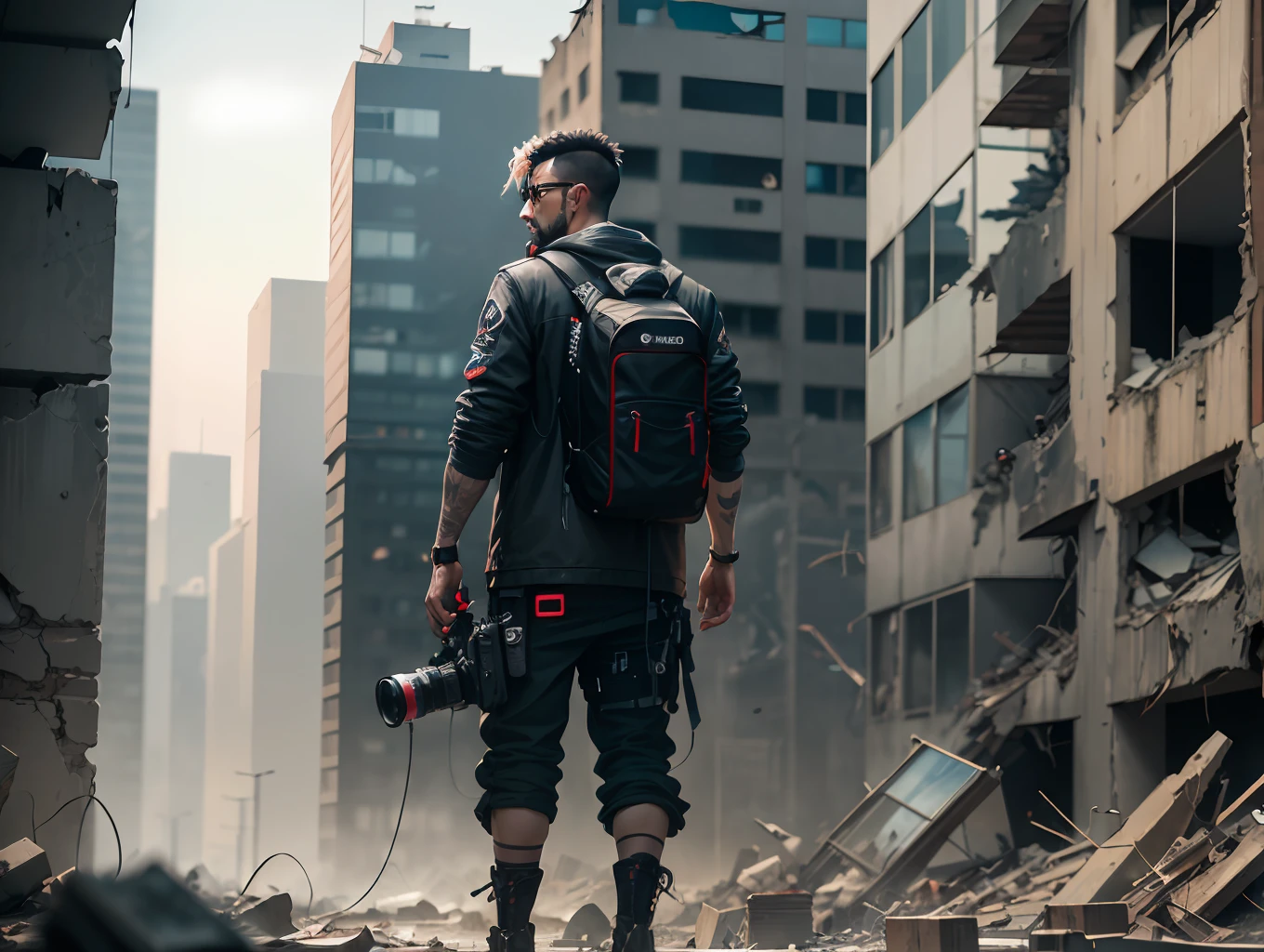 photo of man in the foreground, full body, cyberpunk style, futuristic clothing, holding a modern camera in a post apocalyptic scene of a city in ruins --auto --s2