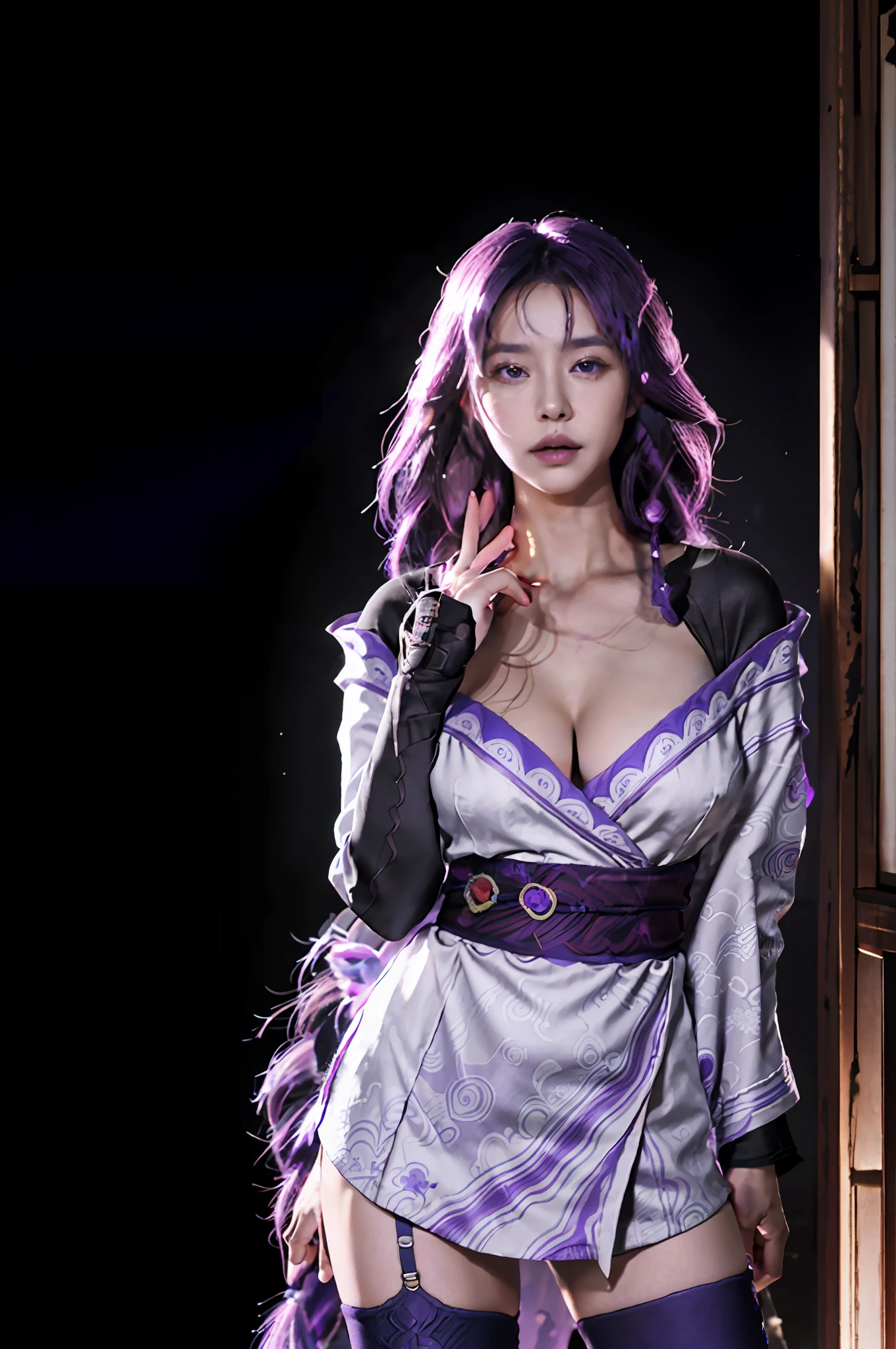 masterpiece, best quality,solo，girl，raiden shogun，closeup cleavage，photorealestic，realisticlying，skin textures，with black background，skinny pants，big breasts， beautiful，upperbody closeup， purple eyes, japanese clothes, purple hair,  long hair,purple kimono, thighhighs,  kimono, weapon, braid,