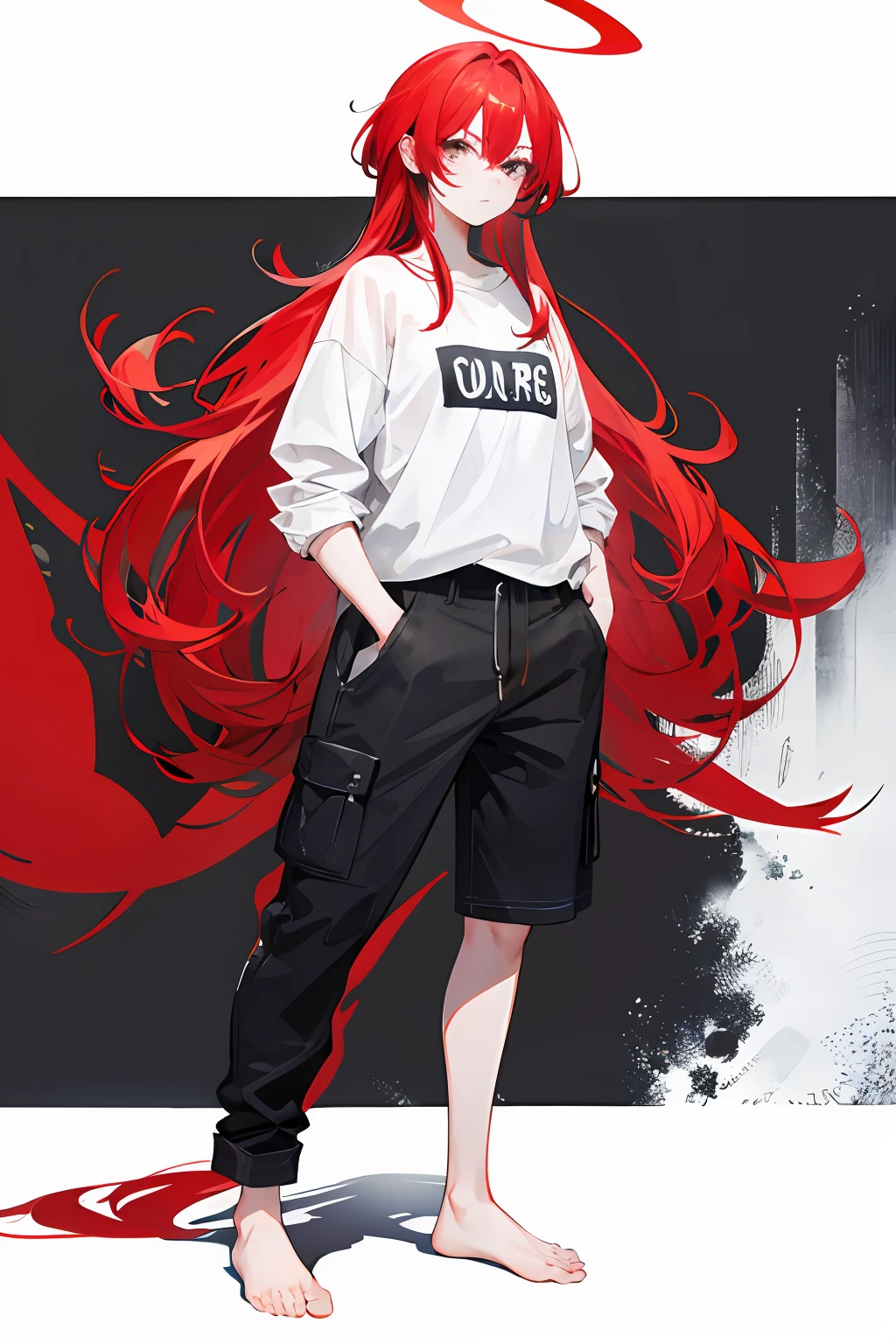 one-girl,Put your hands in your pockets,Wearing underwear,Black eyes,Red color hair,long whitr hair,full bodyesbian,Barefoot