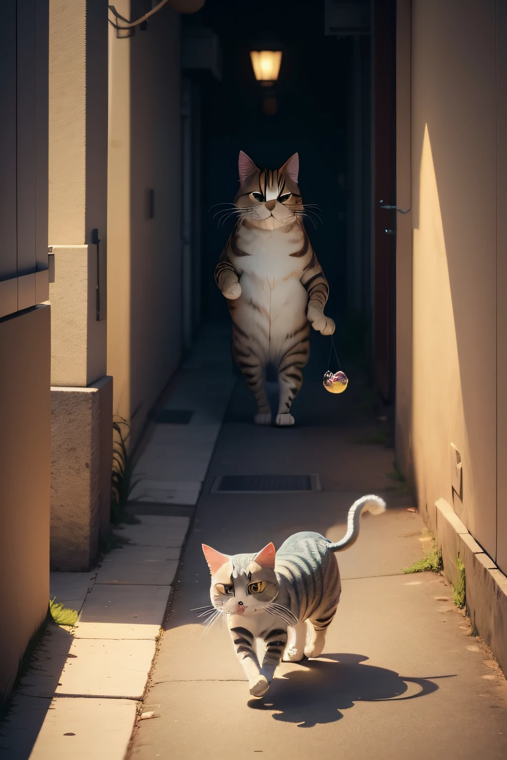 A cat walking upright，Take a walk with a fish，adolable，Cartoon anime style，Impresionismo，illustration，