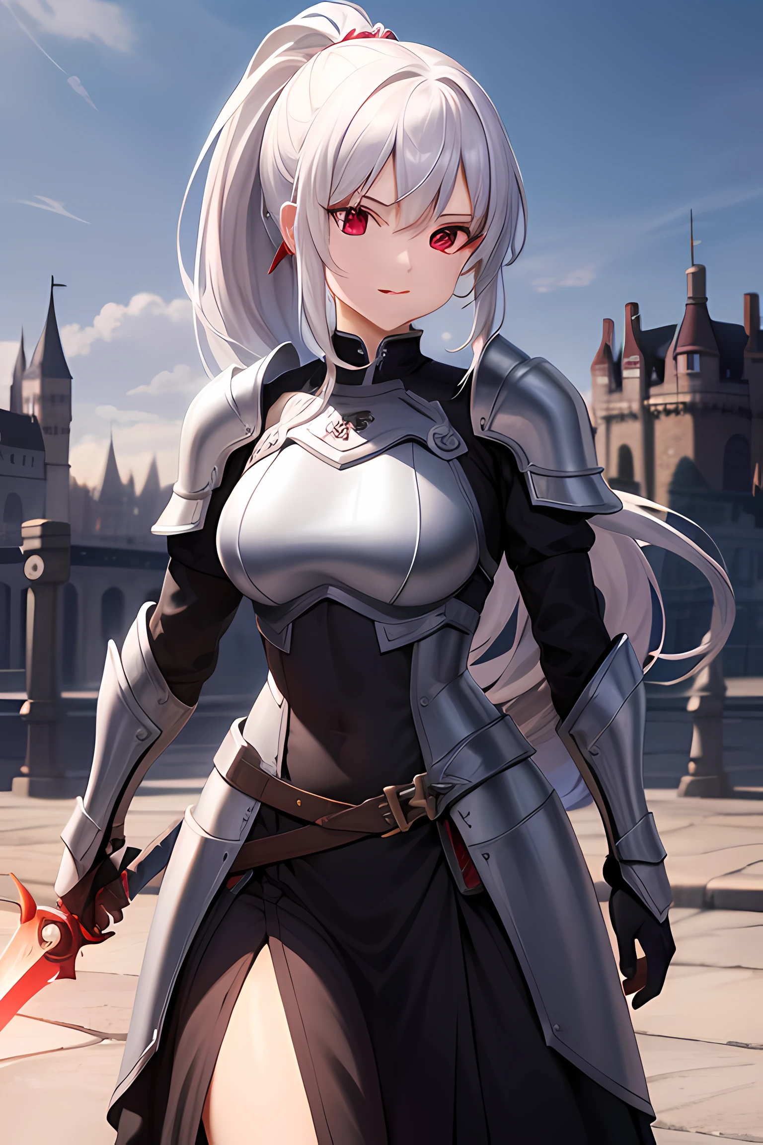 masterpiece, highres, best quality, iron armor, 1girl, solo, White hair, ponytail, smile, castle backround, red eyes, holding a sword,