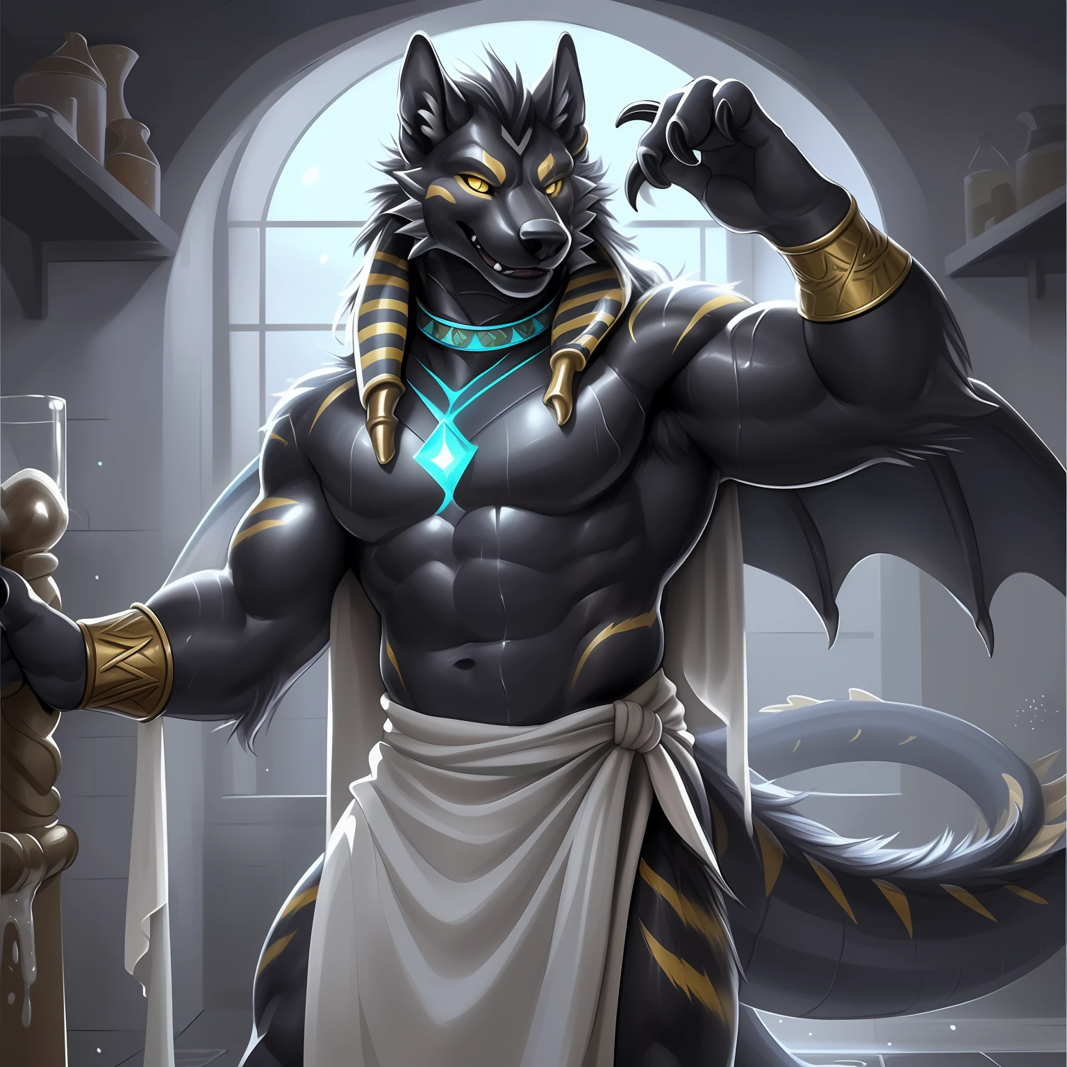 Solo, Male, (Muscular), sacrifices, (male anthro wolf):1.3, Pure black body, (Kamimei):1.3, (komono:1.4) (DOA):1.23, (,Wear a white bathrobe), Detailed eyes, lizard tail,A pair of dragon horns, A pair of dragon wings,((full-body portraits)), (Detailed eyes, Yellow eyes are always red, Black skin,Yellow stripes,Sharp claws,Cute beast claws,drools,Fluid spills from the lower body,Milk spilled all over the floor,Egyptian costumes,Egyptian totem,Abinus,glowing light eyes):1.1, (inside in room:1.35), In the bath,taking a shower,Bright white lighting, Be red in the face,Collar,submit to,drunk,enjoying,looking to the camera,having fun(Particle,glowworm,blue glowing):1.3,detailedbackground,realisticlying,realistic hand,8k hdr,(Wide dynamic range,hdr,high light:1.2),author(pino daeni,(author:by ruaidri),author:virtyalfobo)