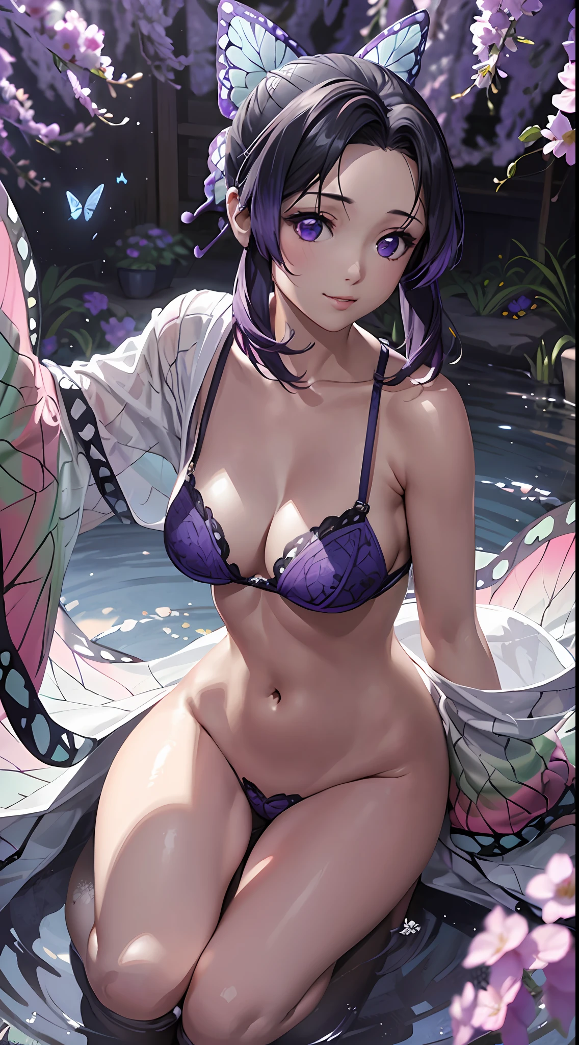 Ultra-realistic 8K CG,tmasterpiece,((Ultra detailed backgrounds,delicate patterns,Complicated details)),Best quality at best,Full body photo,very vey very detailed face,very detailed eyes and faces,Very detailed eyes,Kochou Shinobu,O cabelo multicolorido,No bangs,hair intakes,Purple eye,haori,butterflys,obi strip,(trpical garden:1.2),purple flower,mostly cloudy sky,rays of sunshine,Tyndall effect,Gradient_sky,the face,beautiful sky,Saber on the waist,captivating posture,(Large breasts:1.3),(cleavage:1.3),(Off-the-shoulder attire:1.6)