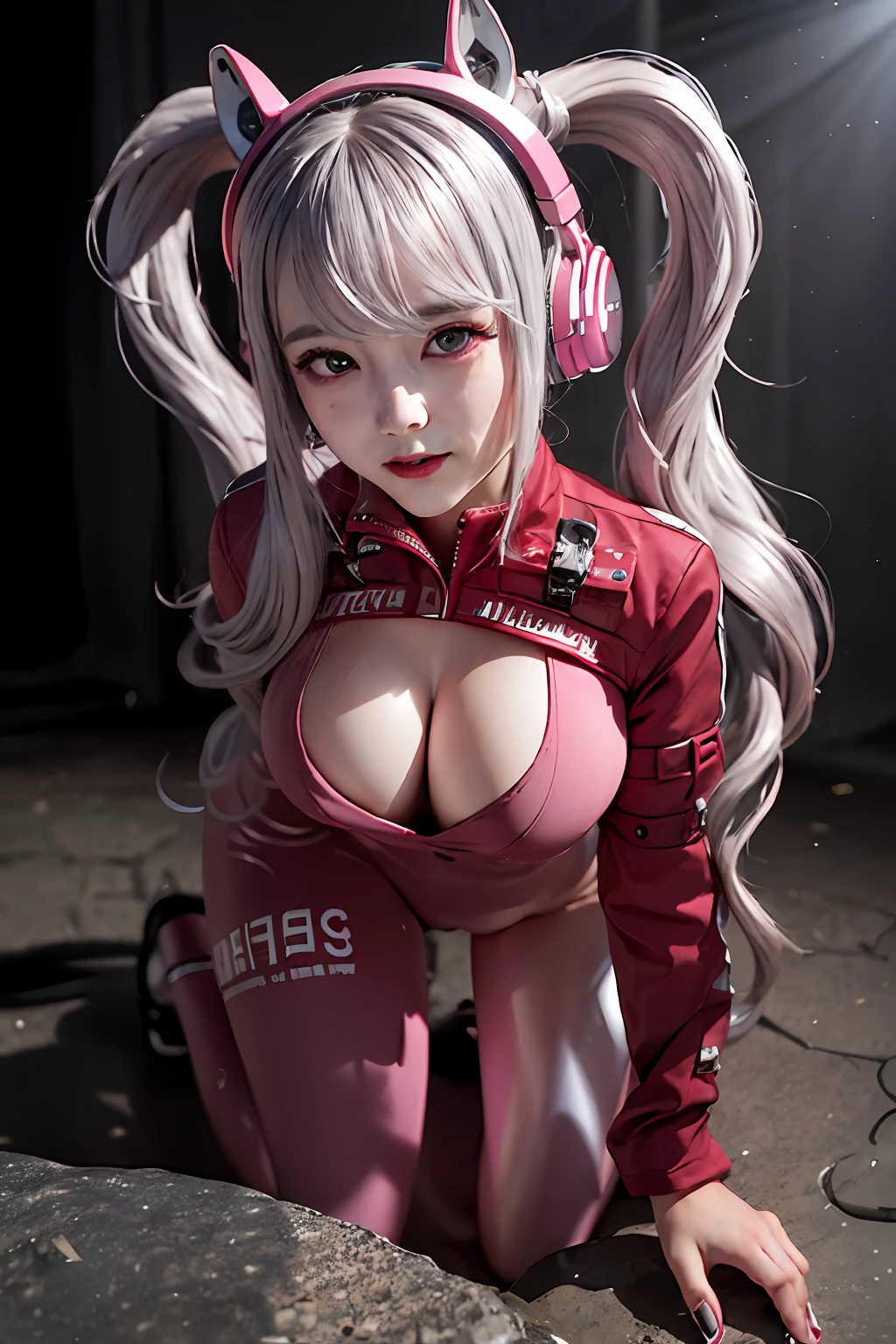 Best quality, super high resolution, (realism: 1.4), masterpiece, 1girl, Kpop idol, (aegyo sal: 1.0), puffy eyes, (city of ruins), alice\(nikke\), (pink bodysuit), ((beast ear headphones)), (shiny clothes), double ponytails, (latex onesie), (rubber suit), shoes, (cleavage), (slim), ((white hair)) ,(silver hair),(gray hair),((red pupils)),(looking at viewer),(smiling),Happy,(long hair),nsfw,depth of field,detailed face,shiny skin,beautiful detailed eyes , heavy eye makeup, slim waist, blush, detailed eye makeup, perfect anatomy, (pureerosface_v1:0.55),