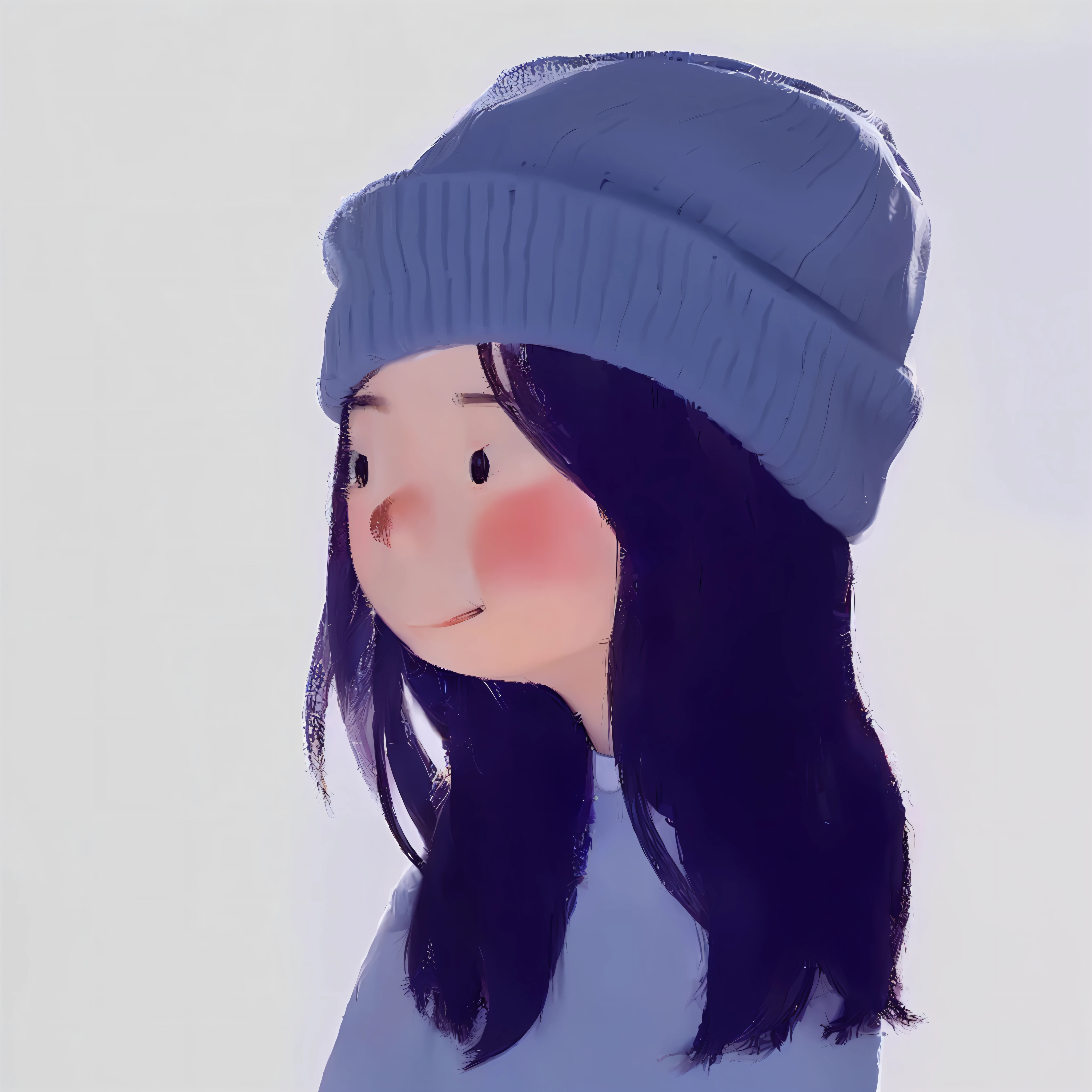There is a painting,The painting shows a woman wearing a hat and sweater, wearing a cute hat, it's wearing a cute little hat, wearing beanie, wearing beanie, She wears a cap, character with a hat, lofi-girl, wearing wool hat, Cute cartoon character, lovely art style, 🤤 girl portrait, Wearing a hat, Cartoon Cute, wearing hat