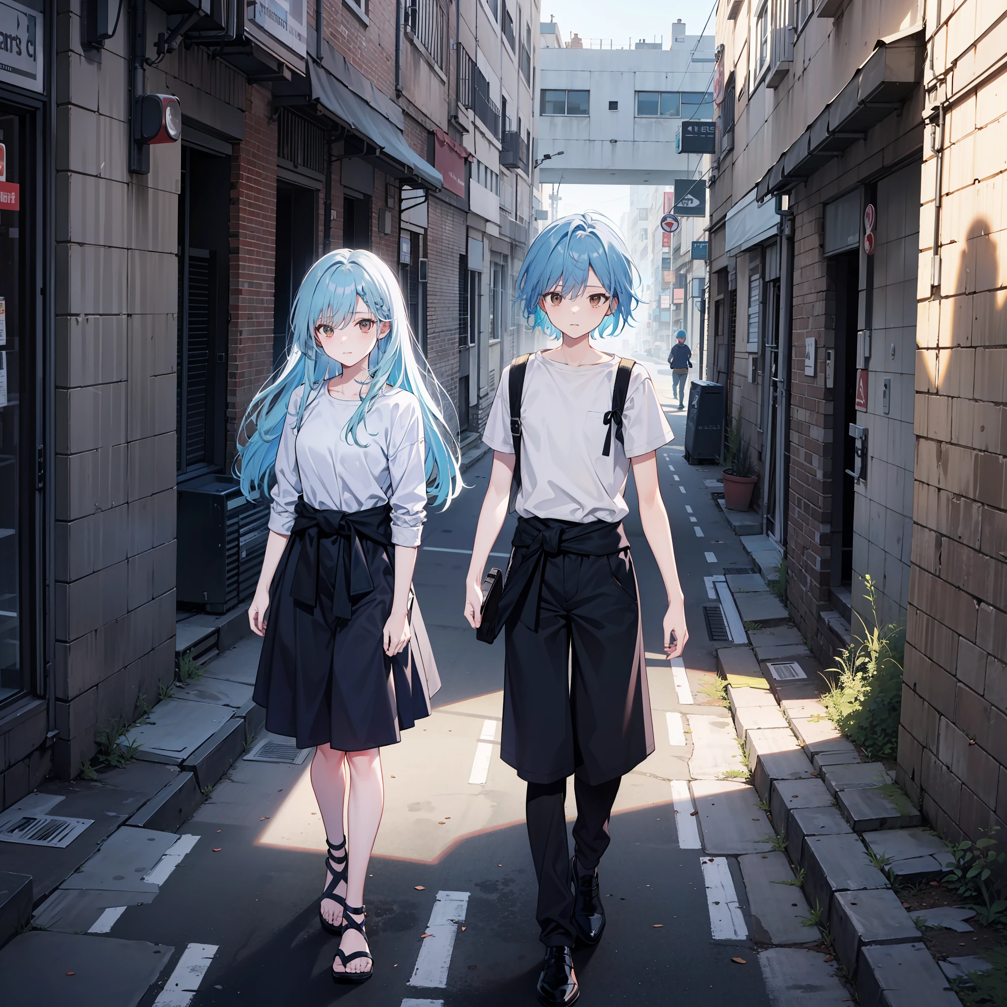light blue  hair，A pair of brown eyes，Wears conservative light black clothing，There is a tai knife around his waist，The background is in front of an abandoned building，Two-dimensional style，high qulity