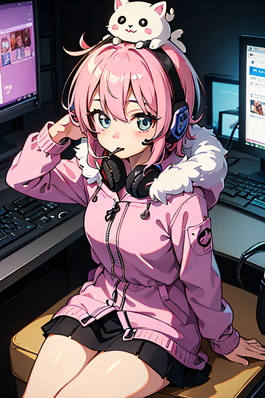 A pink-haired。Twin-tailed。a miniskirt。耳Nipple Ring。demonic wings。Put your finger in your mouth。(top-quality、masterpiece)、((((1人))))、(((headset on head)))、((gamer))、on desk、in a house、((parka))、((Beautiful eyes))、(ciber)