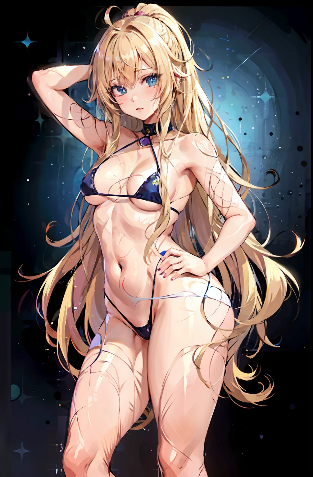 melhor qualidade, Ultra high resolution, 1girl, micro bikini, cabelo longo, gargantilha preta, (kpop idol), ((cabelo loiro)), mulher linda, cabelo longo, ((olho azul)), olhando no observador, peito grande, coxas grossas, (((blue eye))), (((blonde girl))), cabelo amarelo