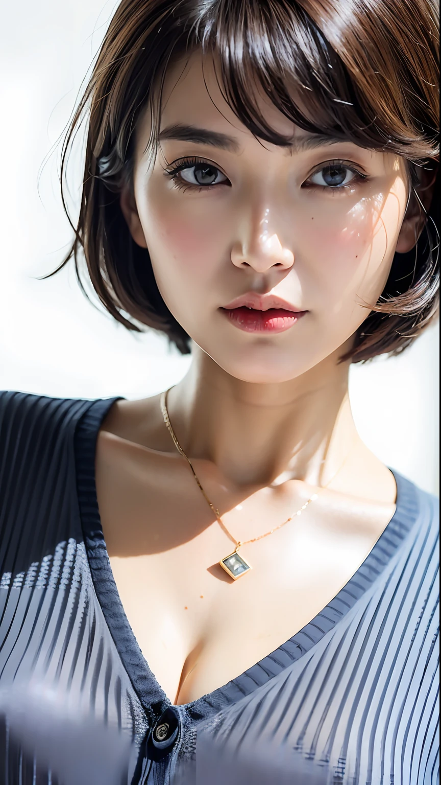 (Best quality, 8k, 32k, Masterpiece, UHD:1.2),Photo of Pretty Japanese woman, large breasts, very short bob hair,upper body,face focus,oversized_sweater, necklace, simple background, from above, looking at viewer,