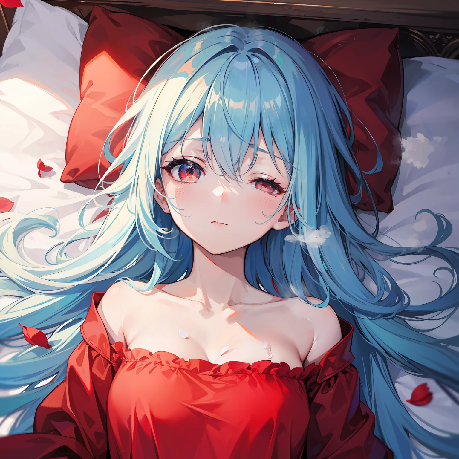 artistic photograph, Real light and shadow ,autumnal night,bed room,silk bed,((red nightdress)),1 beautiful girl,happy sex,cum on face,Liquid on the face,A steaming body,A soaked body,The white mist exhaled,Steam,Trembling,Overhead shot, first person, eyes closed and mouth open, sweating, upper body close-up,(((Long light blue hair))),Red eyes,(long hair),(Red petal)