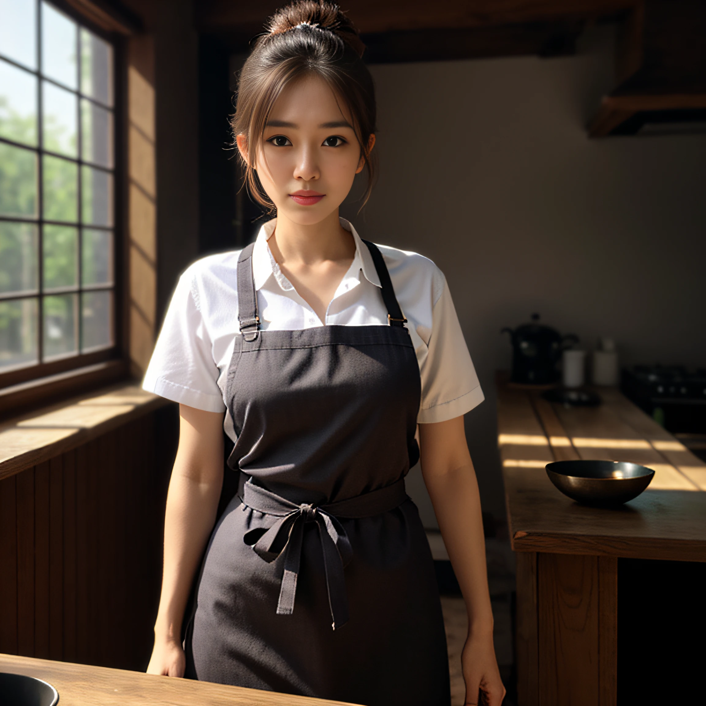 Best Quality, Hyper-realistic, Insane details, Beauty, Cute, There is a woman standing in the kitchen wearing a black apron, Wearing an apron, ( woman samurai ) girl, Korean Woman, white waist apron and undershirt, sakimichan hdri, Korean Girl, Rendered in Corona, beautiful Korean women, elegant japanese woman, 8K portrait rendering, A Japanese Lady, rendered in povray, standing in a restaurant