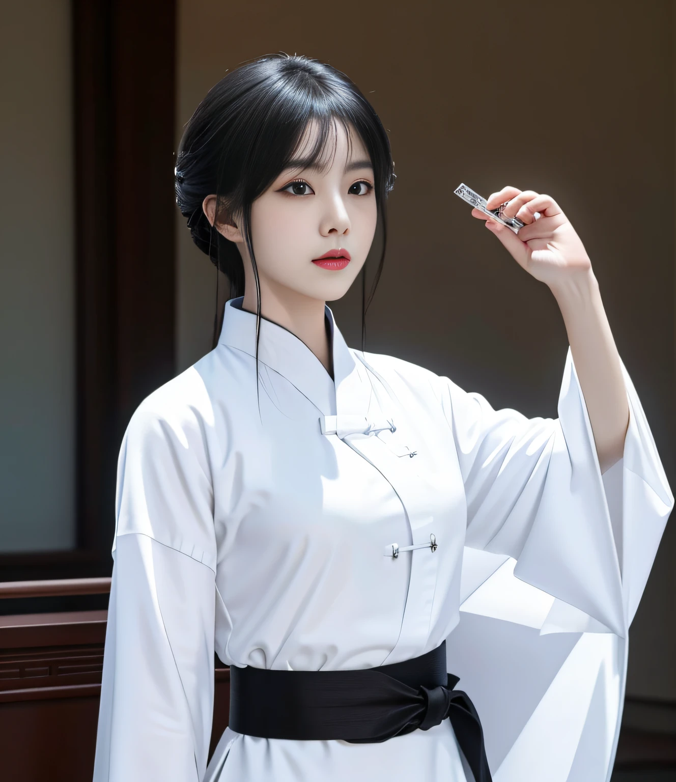 Asian woman in white shirt and black belt,holding a pistol, White Hanfu, Palace , A girl in Hanfu, Hanfu, Anime girl cosplay, full-body xianxia, with acient chinese clothes, Xianxia, white hime cut hairstyle, inspired by Zhang Yan, Anime cosplay, flowing hair and long robes,