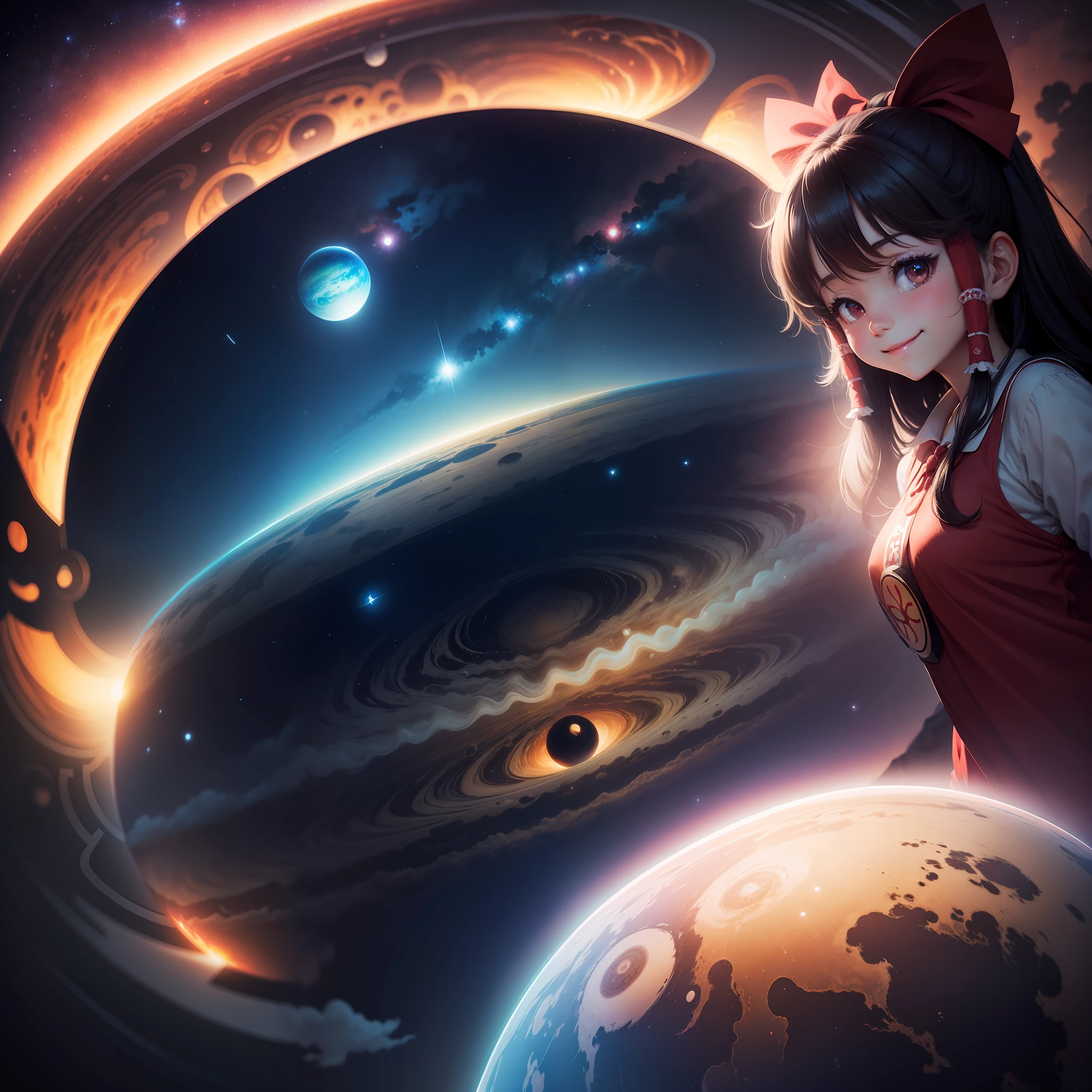 A logo、Slow Reimu、a smile、Floating above the planet, Cloudy planet, Jupiter,, depth of fields,neon details,glowing body, Night,Starry sky,