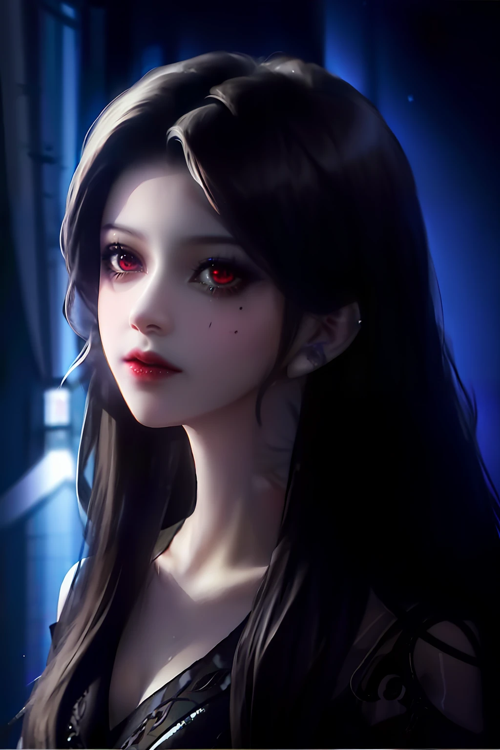 (Detailed background,Dark fantasy), (Beautiful detailed face), High contrast, (Best illumination, An extremely delicate and beautiful), ((Cinematic light)), Colorful, hyper-detailing, Dramaticlight, Intricate details, (1 girl, Solo,Black hair, sharpy face,Red eyes, hair between eye,Dynamic Angle), blood spatter, swirling black light around character, Depth of field,Black light particles,(Broken glass),